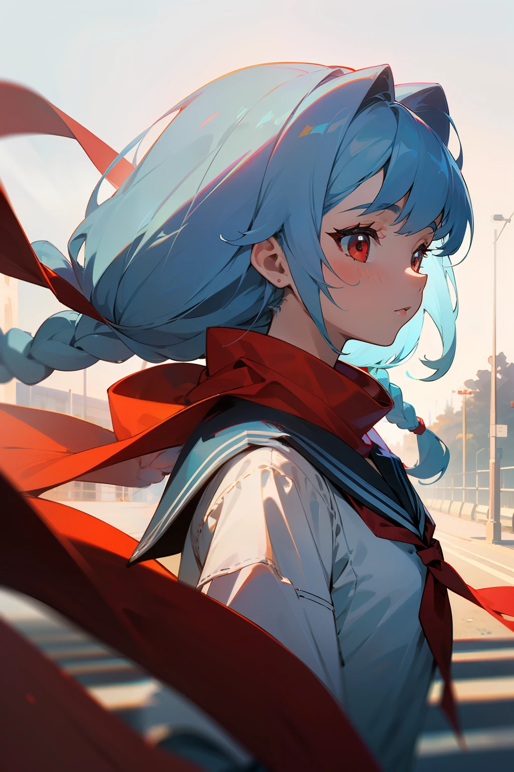 artistic photograph,A picture, Real light and shadow on a sunny day,autumnal,On the road,((a sailor suit)),1 beautiful girl,sideface,The upper part of the body,(((Light blue hair))),Red eyes,(long whitr hair),Twist braids,(Red scarf)