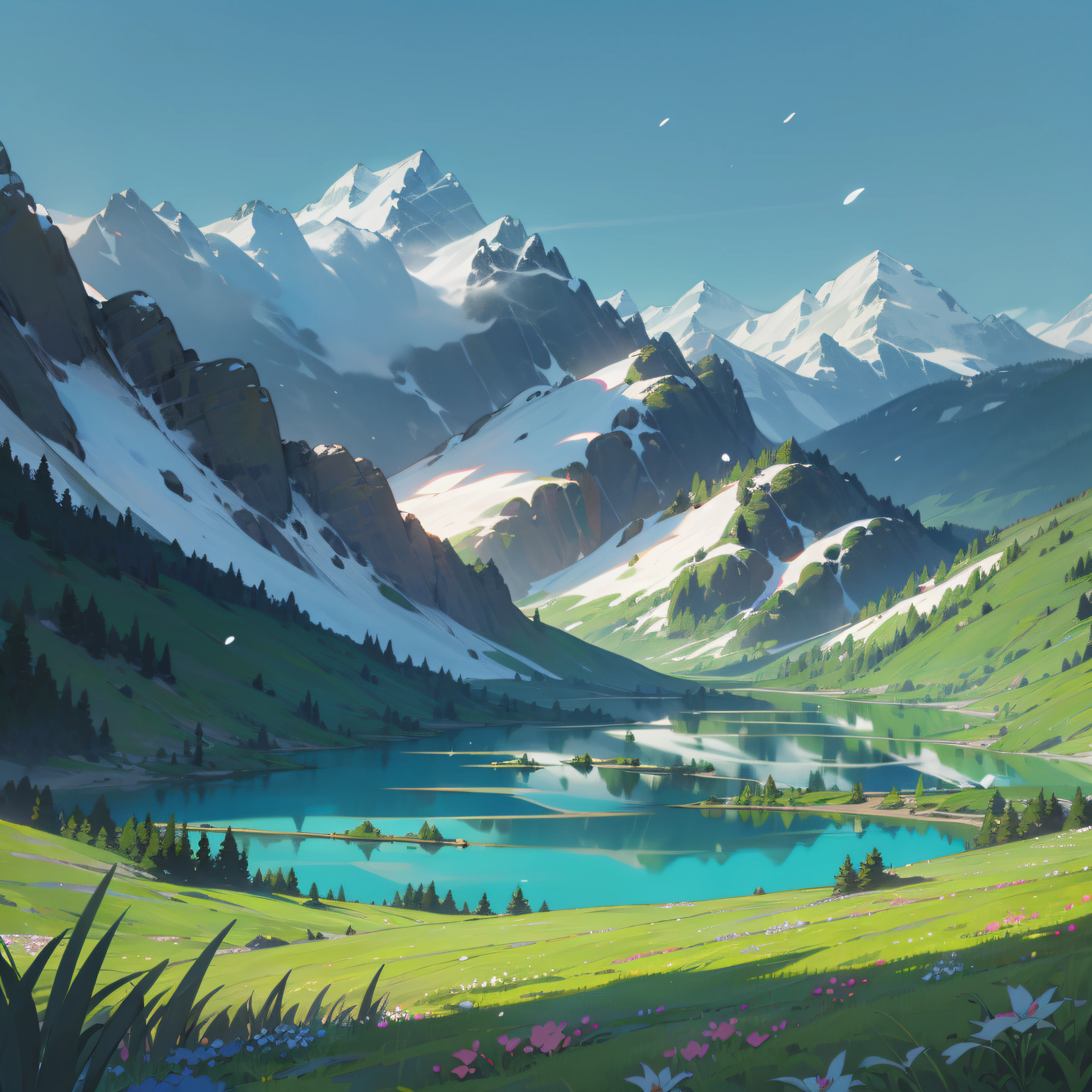 Towering snow-capped mountains, turquoise lake, (forest), flowers, trees, grass, bamboo, spring, sunny, strong sunlight, chiaroscuro, cliffs, panoramao, 8K, high quality