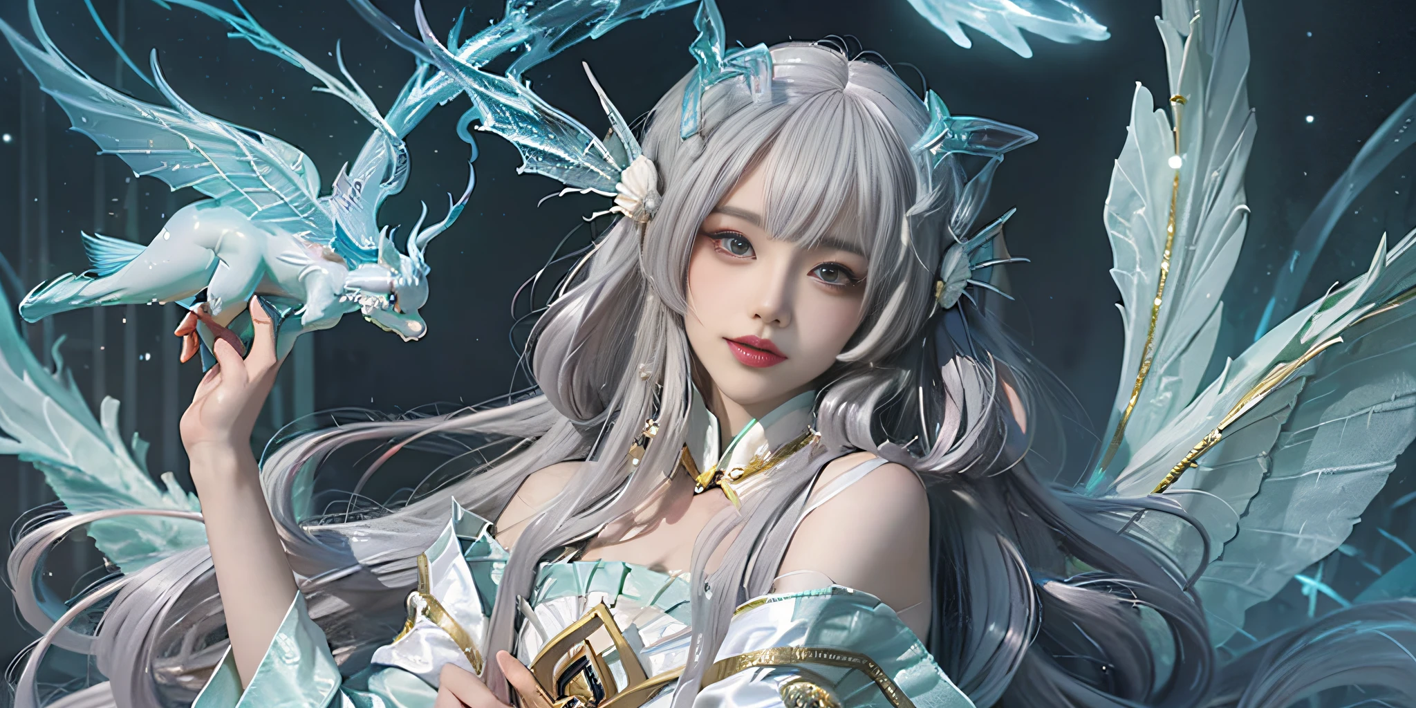 Close-up of a woman in costume, full body fairy, beautiful celestial mage, stunning young ethereal character, beautiful fantasy queen, astral witch costume, Shaxi, flowing magic robe, white Hanfu, fairy fantasy, beauty Delfin, ethereal fantasy, elegant and charming cosplay, Hirase Jinyao, half lying on the ground, charming and colorful, very tumultuous, a sports car behind, night punk style metropolis! Lots of neon