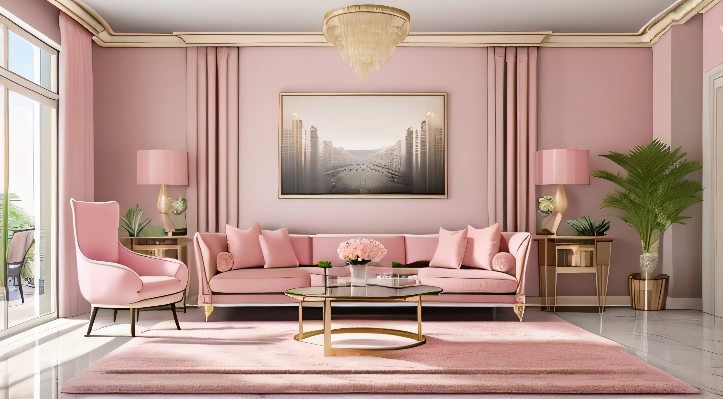 a close up of a living room with a couch and a chair, Neoclassical style, beautiful aesthetic design, vray 8k render, (in pink), neoclassicism style, apartment design, warm pink living room, high quality rendering, 8k vray render, Living room, excellent 3d render,Natural sunlight