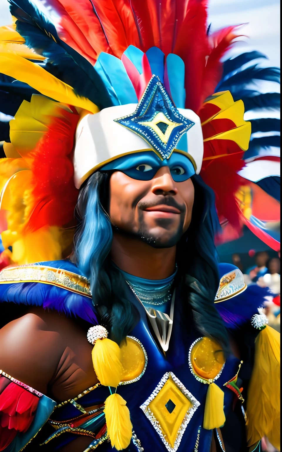 Thor with big eyes "I AM THE BIG CHIEF" while wearing an elaborate diverse colorful feathered costume, analog photo, muted saturation, celebration, carnival, picture taken with Sony - Cinema Line FX30 Super 35 Camera, CHV3CBigChief, black and blue color scheme, fixed in post, color corrected, Professional, masterpiece, commissioned, best quality, Color Corrected, fixed in post