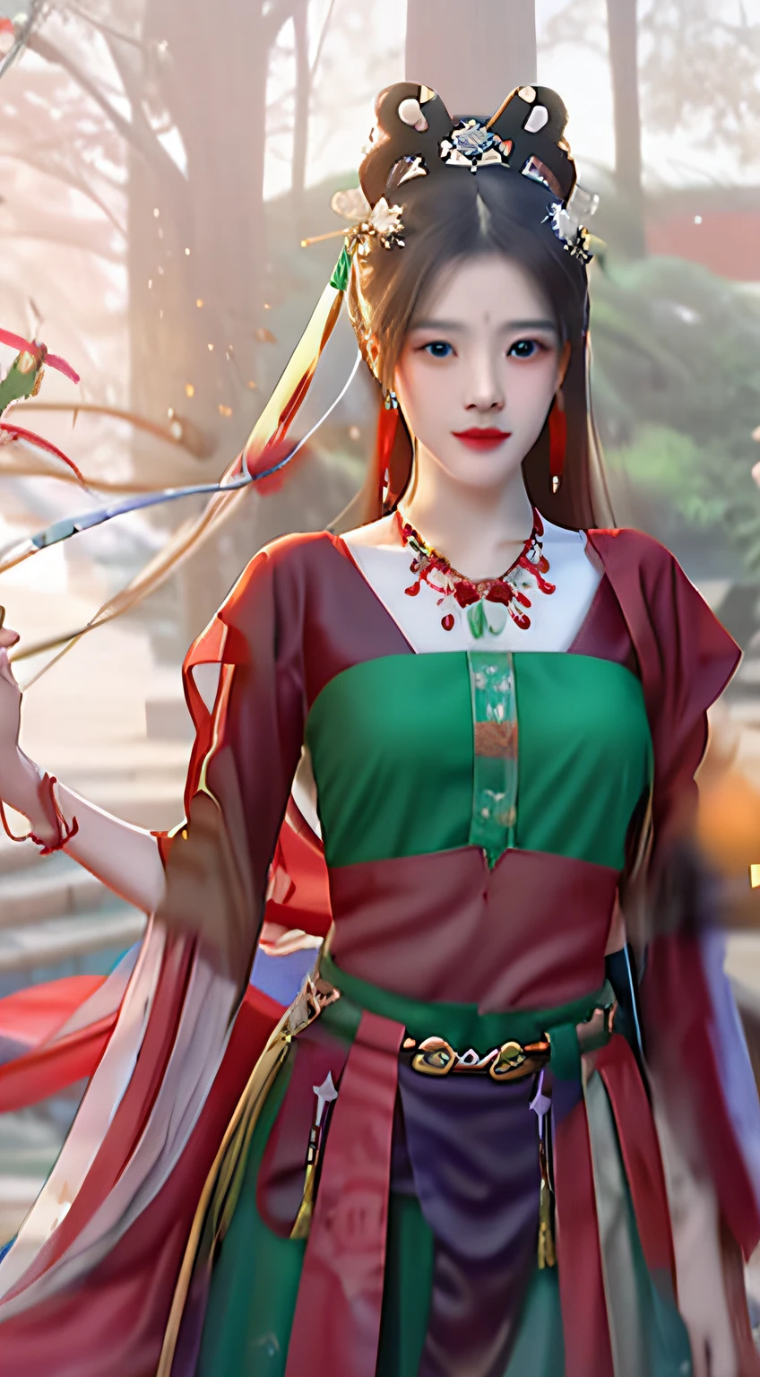 The Arad woman, dressed in green and red, holds a sword, Inspired by Lan Ying, Hanfu, Palace ， A girl in Hanfu, a beautiful fantasy empress, inspired by Luo Mu, Inspired by Qiu Ying, Chinese costume, inspired by Park Hua, shaxi, Inspired by Huang Ji, Inspired by Li Tang, inspired by Wang Meng