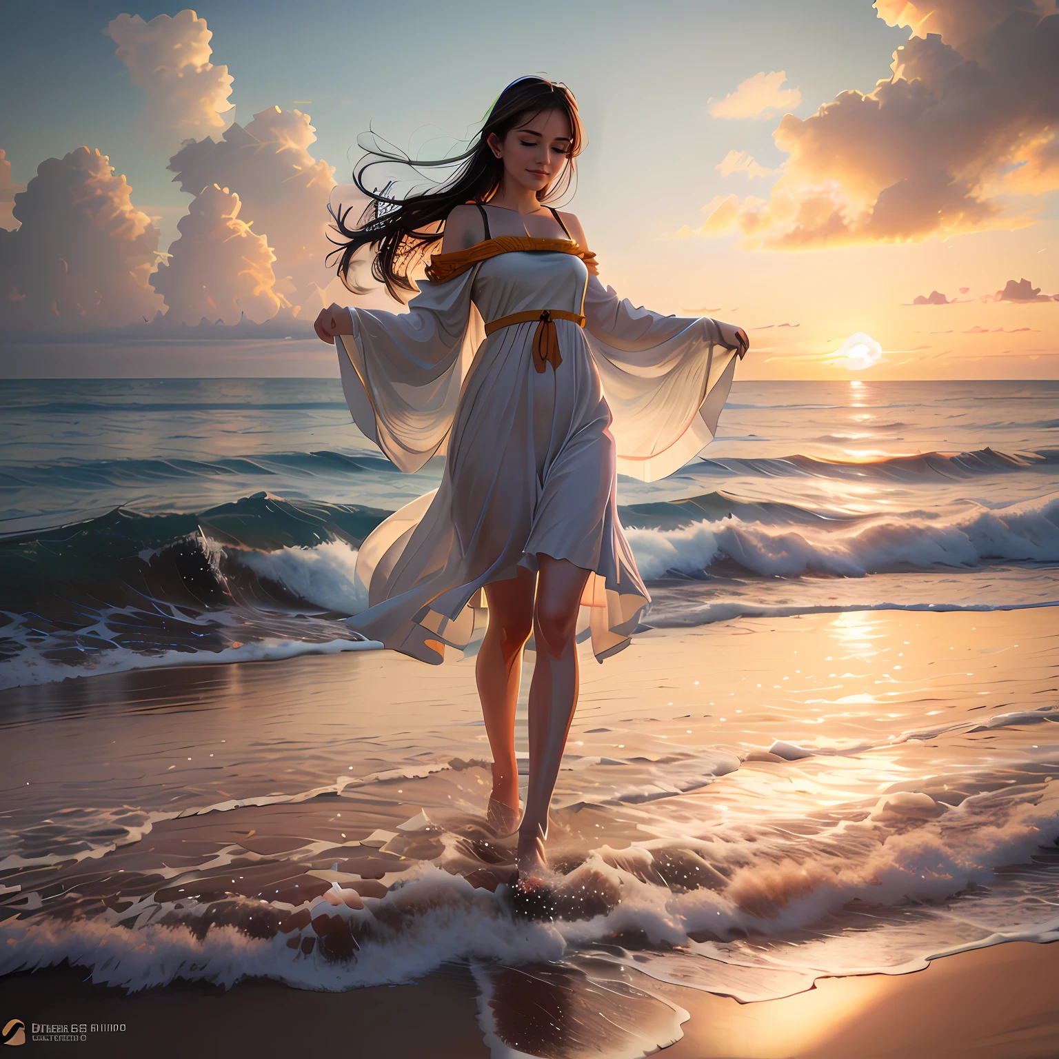 Beautiful woman in white dress walking on the beach, late sunset,The light of the setting sun falls on the sea,Seagulls soar in the sky,Continuous clouds float above the sea()