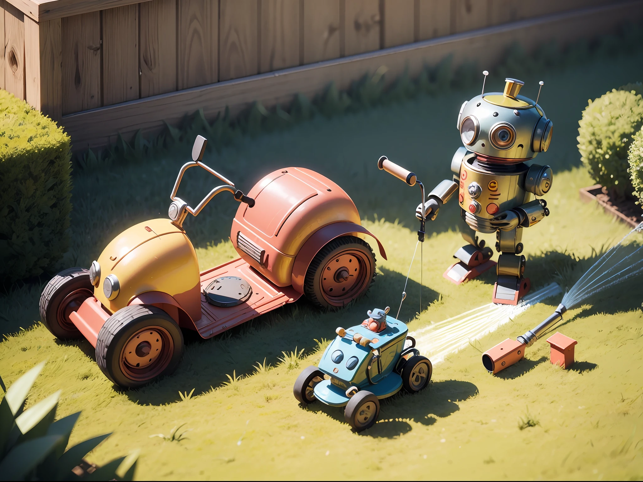 highly detailed funny cartoon 2 tin toy robot ,one is mowing the lawn in the garden. one is sprinkling water, childish illustration 3D style
