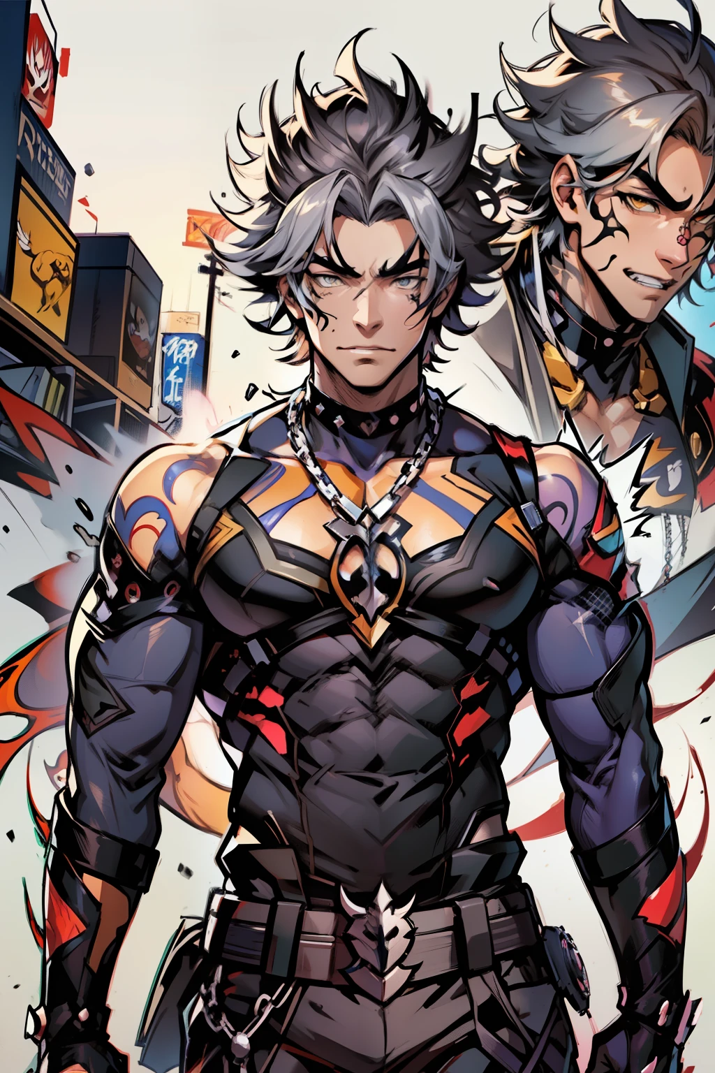 《the original god》Arataki Kazuto , male people,,((Masterpiece)), ((Best quality)), Ultra detailed,((illustration)), Dynamic Angle, Detailed light, (Delicate eyes), Floating, 1boy, Male focus, Head, Clothing, Yellow eyes, necklace, tattoo, (Forehead:0.8), (ahoge:0.8), jewelry, apathy,Ray, chest muscle, Sexy , Venom symbiote for your body, Black mucus of the body , (into venom), Venom,frontage,style of anime4 K, 4K anime wallpaper, Badass anime 8 K, 4 k comic wallpaper, young anime man, Anime boys, Anime wallpapers 4 k, Anime wallpaper 4K, High quality anime art style, Anime moe art style, Anime art wallpaper 8 K, Anime art wallpaper 4 K, RGB lighting