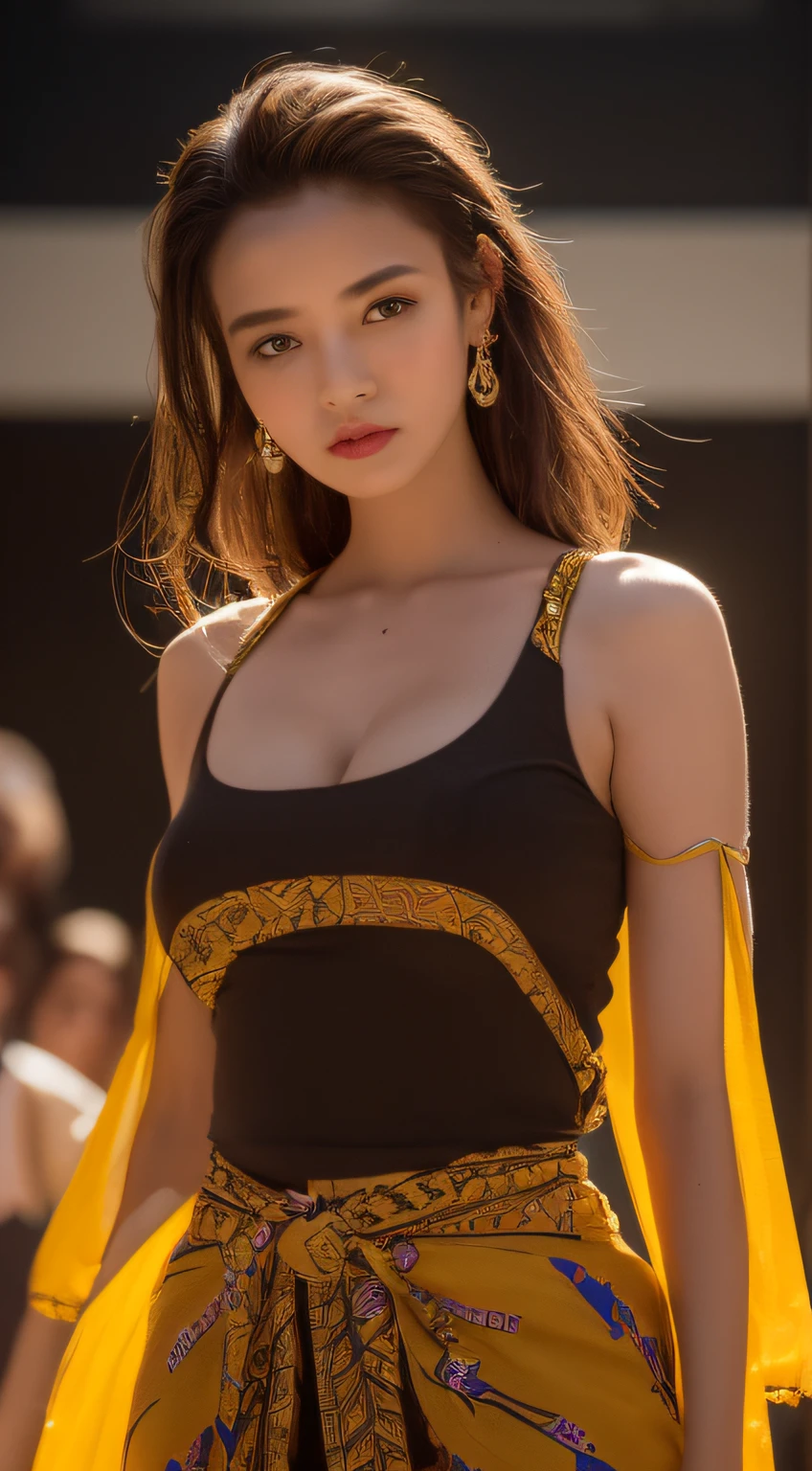 ((Best quality, 8k, Masterpiece :1.3)), Sharp focus :1.2, A pretty woman with perfect figure :1.4, Slender abs :1.2, ((Dark brown hair, Big breasts :1.2)), (Natural light, City street:1.1), Highly detailed face and skin texture, Detailed eyes, Double eyelid ((masterpiece, best quality)),illustration,ultra detailed 8k,photorealistic,sharp focus,highly detailed,professional lighting,colorful details,iridescent colors BREAK extremely long shot of a factory,large mechanical robot building,microchip,computer ,brilliant,intricate details,shitu-mecha,1africa girl,beautiful,angry standing in front of audience,Navel,Africa Angola parents clothes,yellow,black,red-3