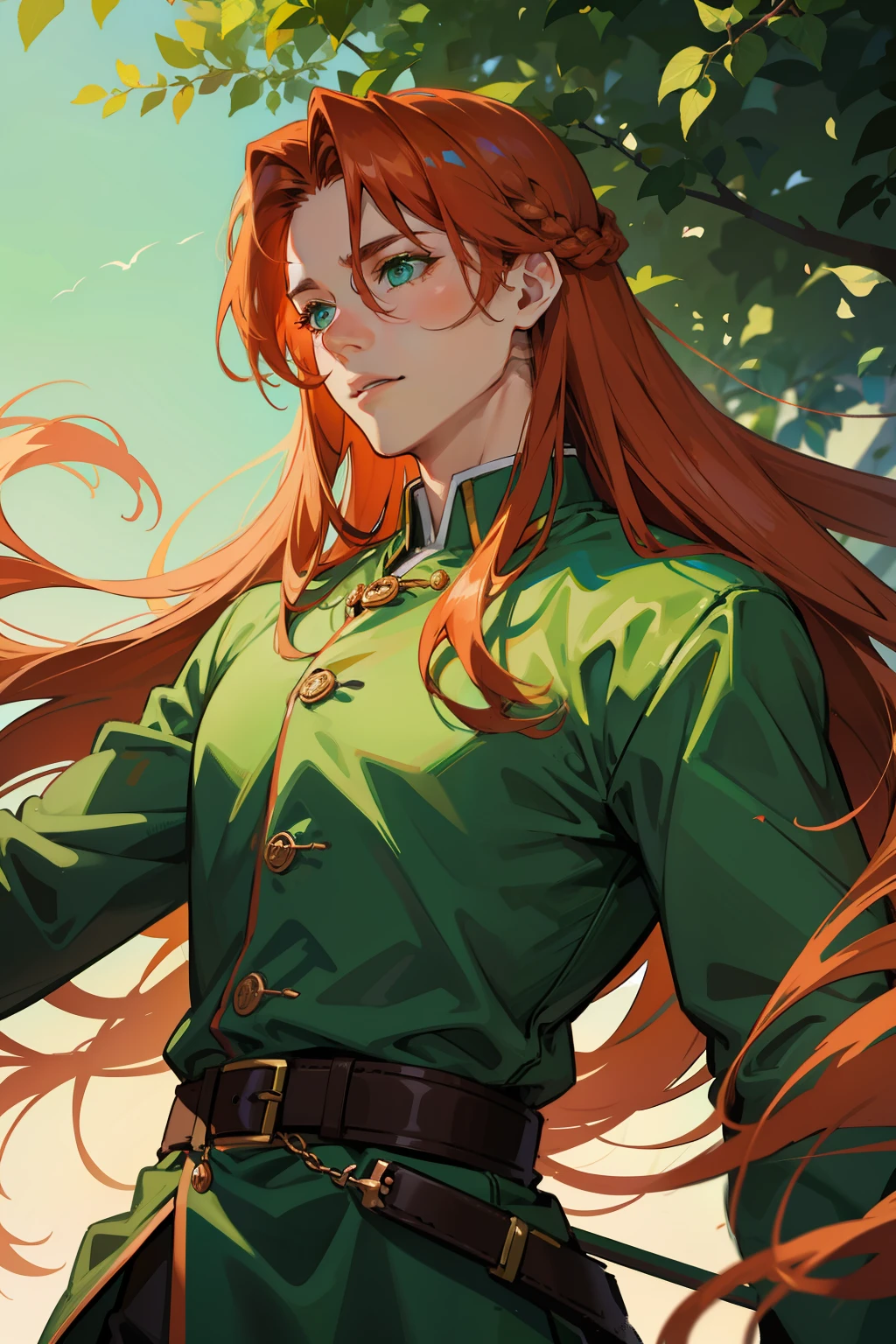Guy, copper long hair, green colored eyes