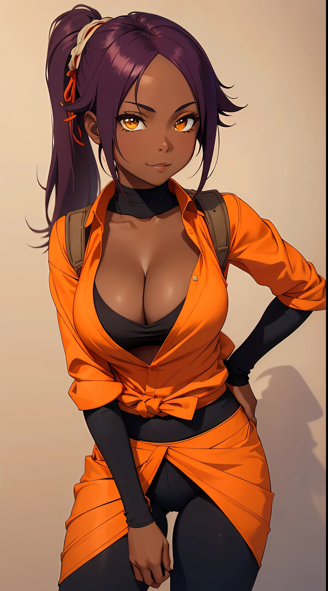 (Masterpiece, Best quality:1.2),upperbody closeup, Solo, 1girll, (cleavage:1.5)，shihouin yoruichi, view the viewer, Hands on hips, pony tails, Orange shirt, Long sleeves, Black pants，Dark  skin，tight-fitting