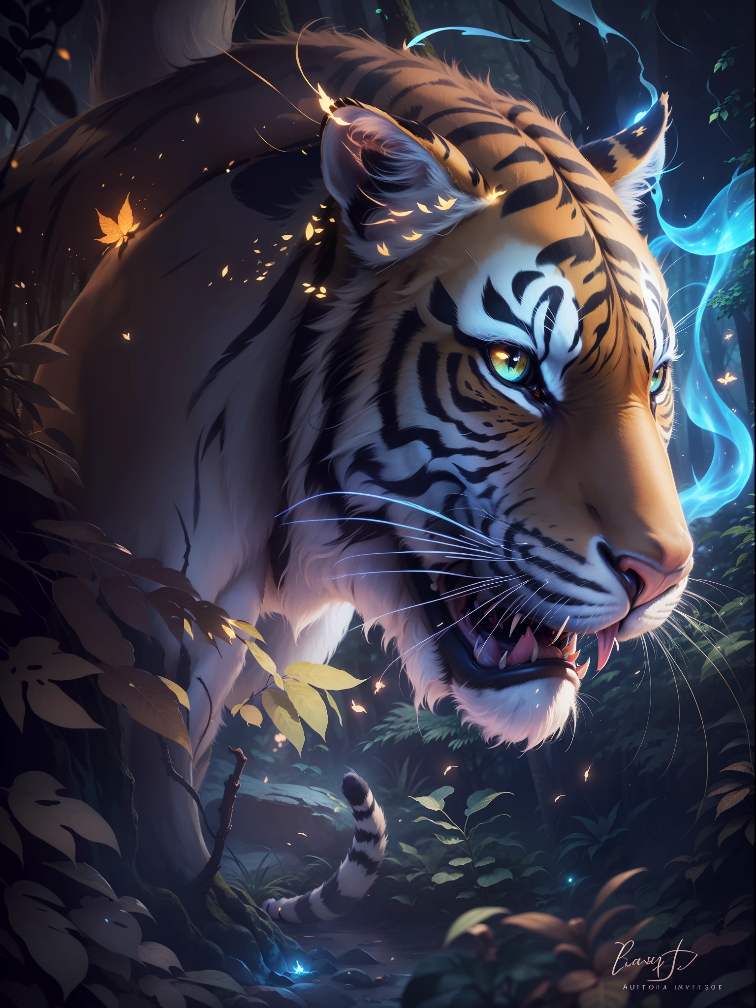Masterpiece, best quality, (very detailed CG unified 8k wallpaper), (best quality), (best illustration), (best shadow), glowing elf with a glowing tiger, nature elements in forest theme. Mysterious forest, beautiful forest, nature, surrounded by flowers, delicate leaves and branches surrounded by fireflies (natural elements), (jungle theme), (leaves), (branches), (fireflies), (particle effects) and other 3D, Octane rendering, ray tracing, super detailed, tiger, zodiac, fierce tiger --auto --s2