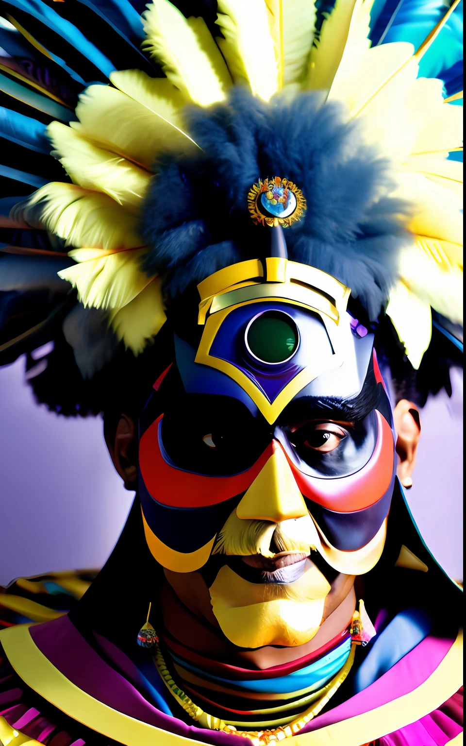 Doctor strange with big eyes "I AM THE BIG CHIEF" while wearing an elaborate diverse colorful feathered costume, analog photo, muted saturation, celebration, carnival, picture taken with Sony - Cinema Line FX30 Super 35 Camera, CHV3CBigChief, black and mix color scheme, fixed in post, color corrected, Professional, masterpiece, commissioned, best quality, Color Corrected, fixed in post