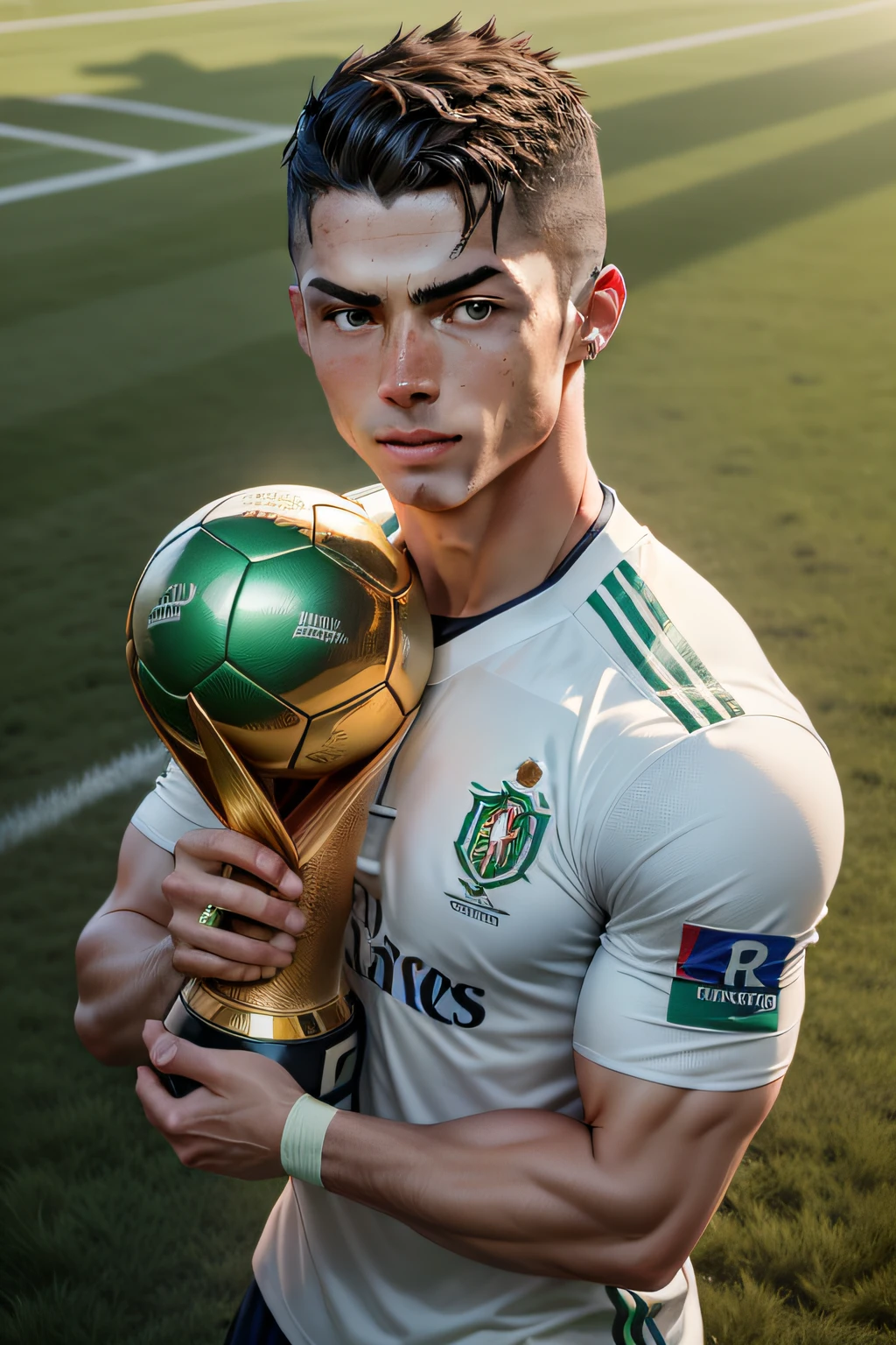 A realistic photograph of Cristiano Ronaldo lifting the FIFA World Cup Trophy on the football pitch. Ronaldo is standing lifting the FIFA World Cup Trophy, wearing the uniform of the Portugal national team. The focus is on Ronaldo's face, capturing every detail of your expression, its unique features and its intensity. The lighting is soft, highlighting the subtle shadows on his face and highlighting his piercing eyes. The surrounding environment is minimalist, com um campo de futebol, allowing attention to focus entirely on Ronaldo. Fotografia, lente full-frame 50mm, --ar 3:2 --v 5