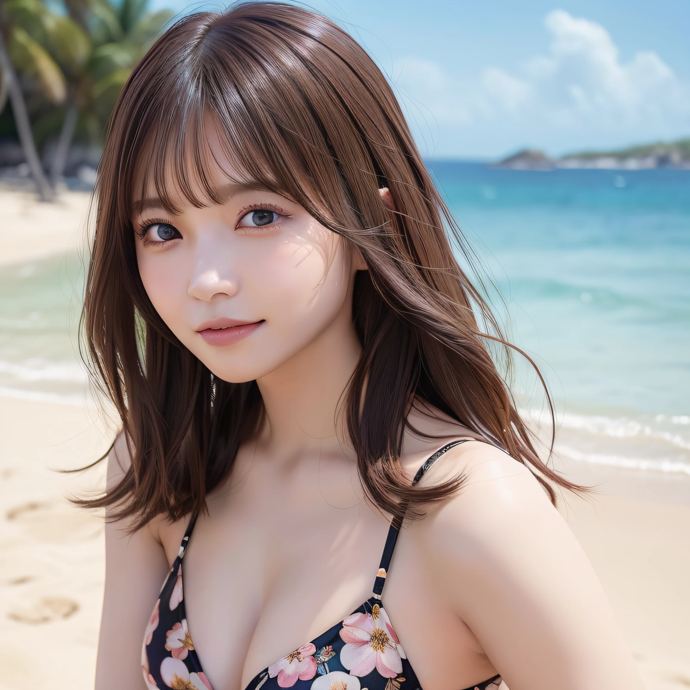 NSFW、8K、Best Quality, 超A high resolution, (Photorealistic:1.4),​masterpiece:1.3, Raw photo, (Thigh to top:1.6, From Side:0.7)、 sea side:1.3, sand beach:1.1, 1日本人の女の子, Cute,natural skin textures:1.1, realistic eyes and face details:1.2, (Solo:1.6), (Shy smile), Smooth skin, (Brown medium hair,Bangs), (touch hair:1.4)、nogizaka、Floral Bikini、Beautiful black eyes:1.３、Woman in bikini posing on the beach, Beautuful Women、 (Background is blurry:1.4)、ample breasts、Put your hands on your buttocks