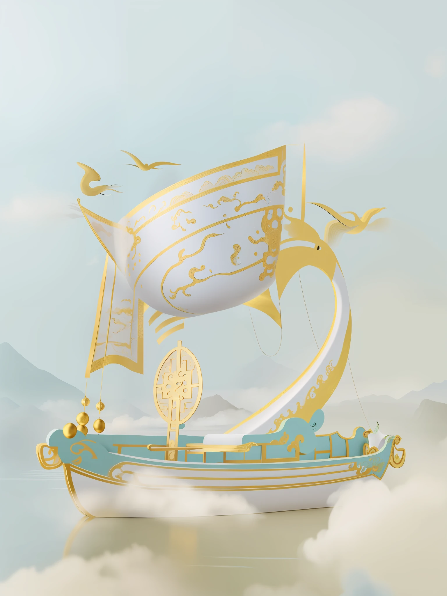 High quality and textured Chinese calligraphy floats，fairy tale style background, lie on white clouds fairyland, fantasy. gondola boat, A beautiful artwork illustration, dreamlike illustration, blurry and dreamy illustration, in the white clouds fairyland, Beautiful rendering of the Tang Dynasty, Chinese fantasy, palace floating in heaven, rendered illustration，Chinese calligraphy floats in China，There is a textured picture