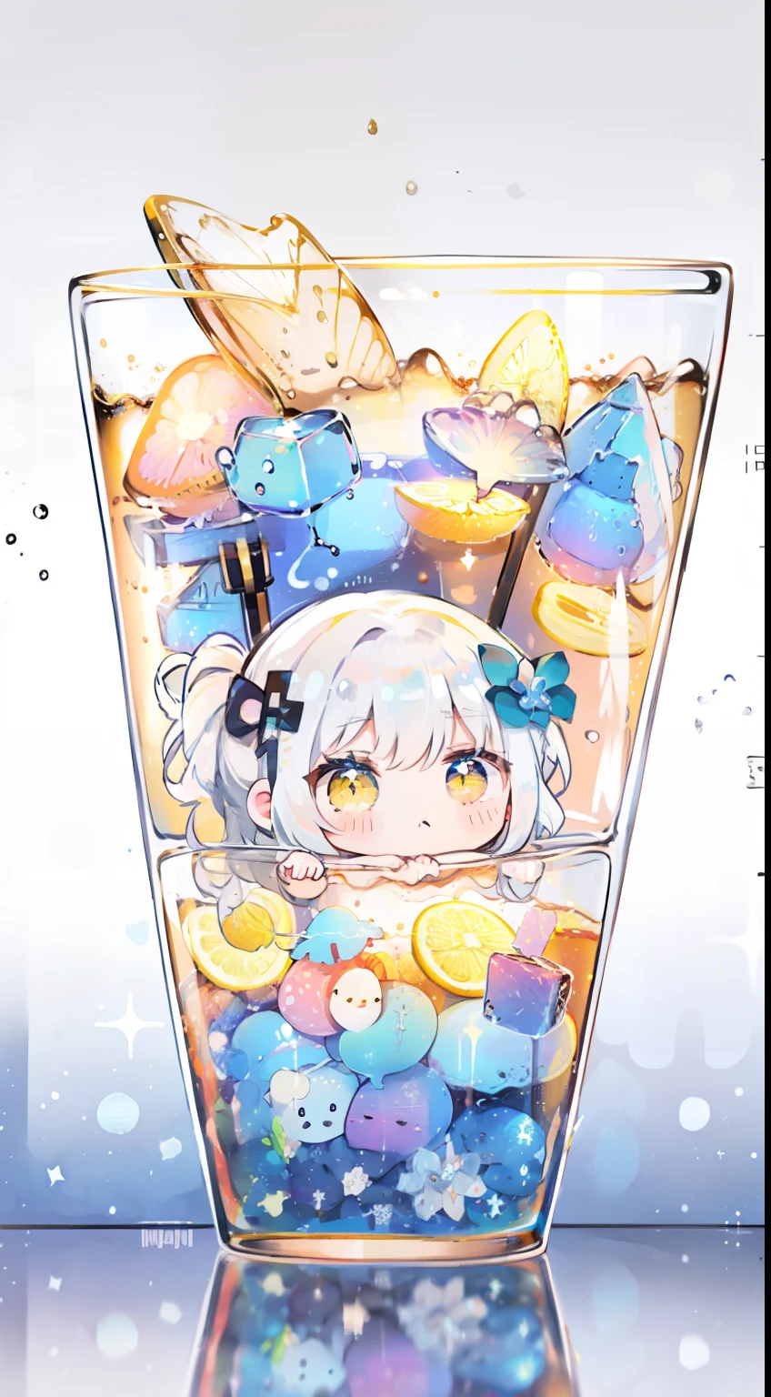 Mini、Chibi、soda、In soda、In a cup、Blue Hawaii Soda、fizzy、foam、sink、Fluttering hair、white  hair、Twin-tailed、black ribbon on the head、yellow  eyes、​masterpiece、top-quality、Top image quality、cute little