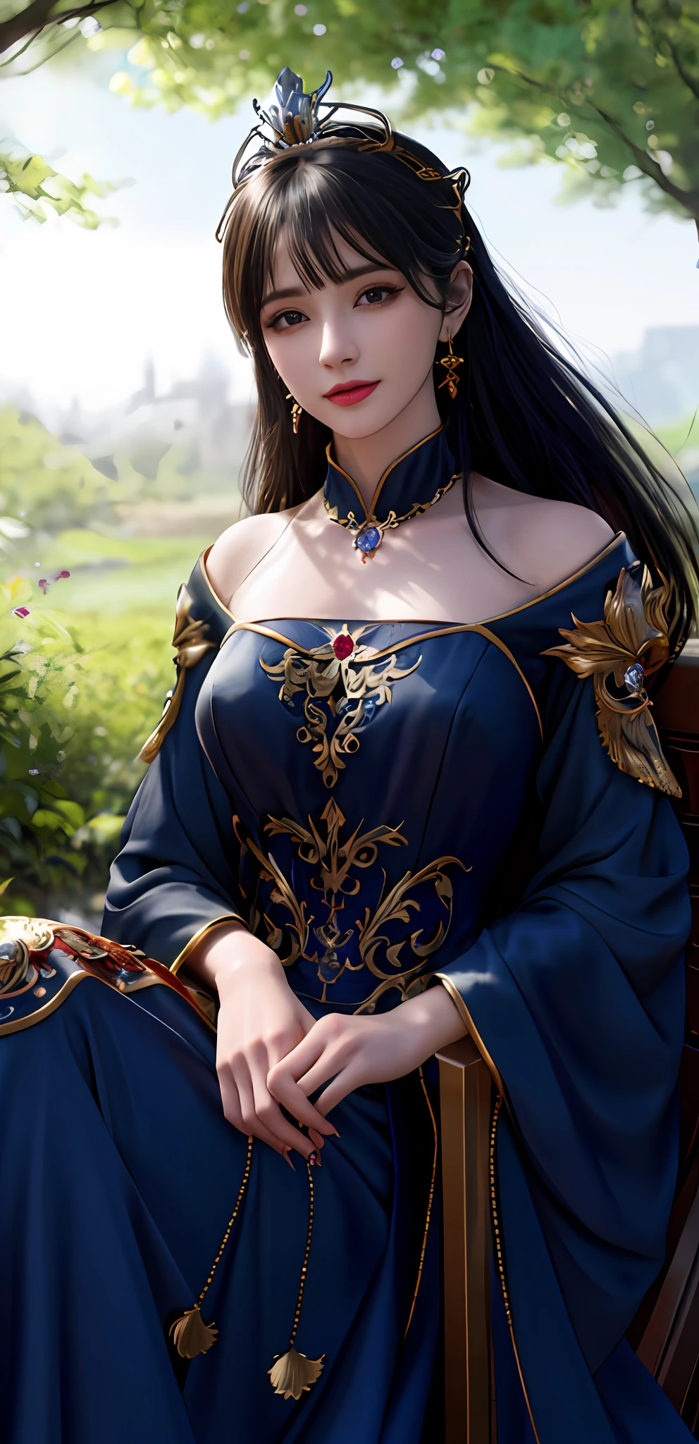 (realisticity: 1.2), best quality, 8K UHD, masterpiece, highres,cg,
1 super detailed girl, super detailed queen
, sitting on a super detailed royal throne, lud, xurious royal palace background, beautiful and detailed, super detailed long hair, wearing a beautiful and luxurious crown with diamonds and super detailed,
super detailed dress,
solo, jewelry, super detailed red and blue dress,
, earrings, super detailed hairdo, splashing, the upper body is very super detailed, super detailed hair bun, super detailed black hair,
lighting,candid,Photograph,high resolution,4k,8k,Bokeh,