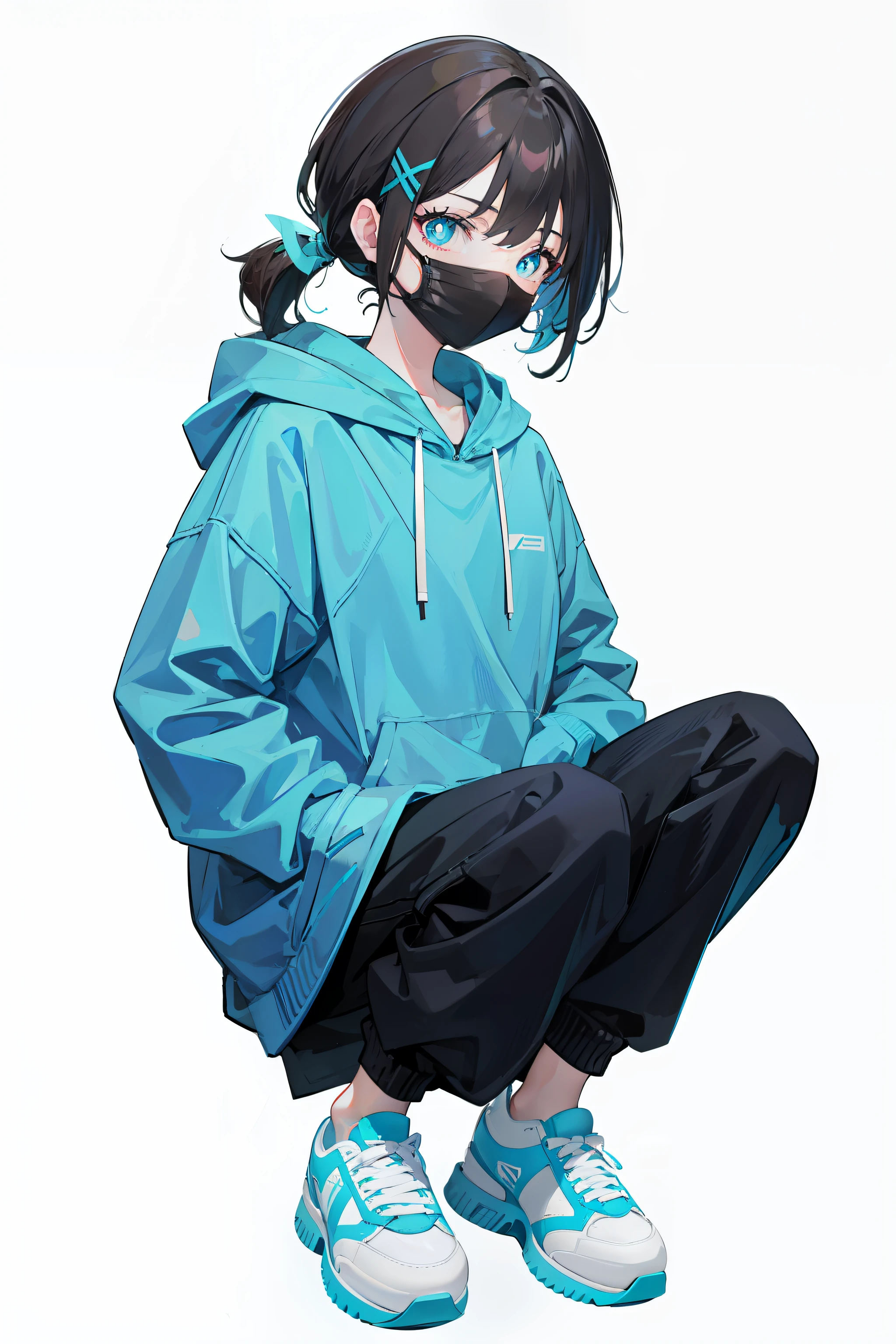 Cyan sweatshirt，hooding，with short brown hair，Bare legged，X-shaped hairpin，Light blue pupils，leg loops，Stick one hand in your pocket，Mare，Low ponytail，full bodyesbian，White sneakers，Bring a black mask，sideface