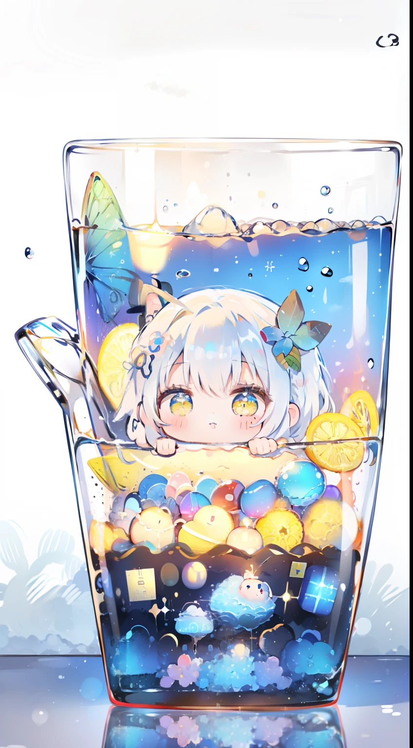 Mini、Chibi、soda、In soda、In a cup、Blue Hawaii Soda、fizzy、foam、sink、Fluttering hair、white  hair、Twin-tailed、black ribbon on the head、yellow  eyes、​masterpiece、top-quality、Top image quality、cute little