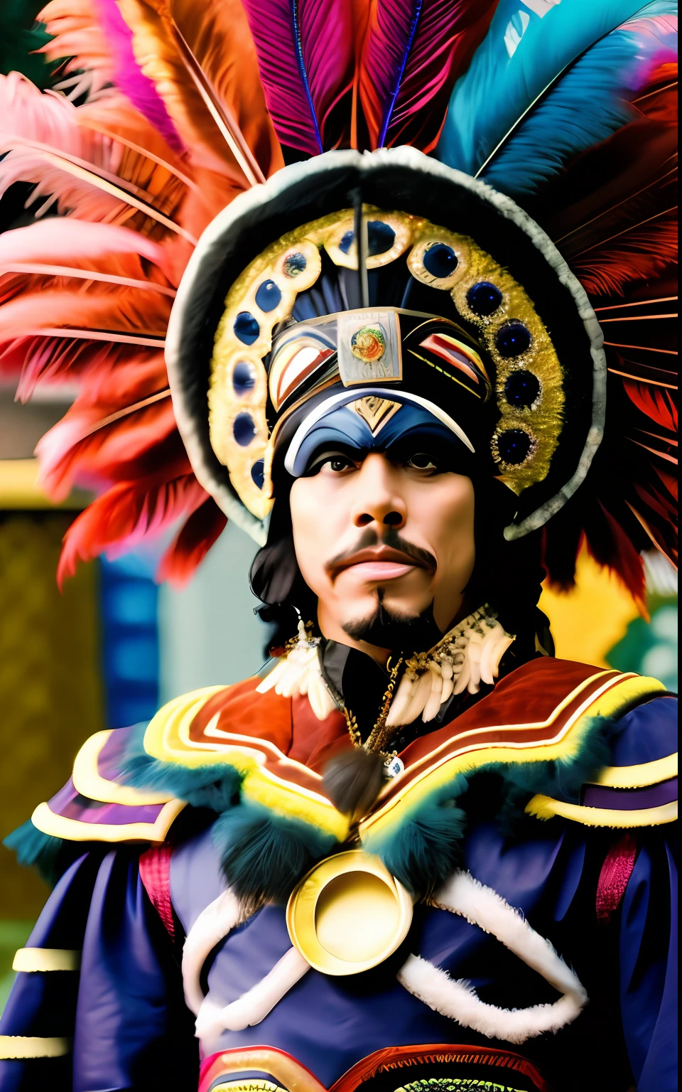 Doctor strange with big eyes "I AM THE BIG CHIEF" while wearing an elaborate diverse colorful feathered costume, analog photo, muted saturation, celebration, carnival, picture taken with Sony - Cinema Line FX30 Super 35 Camera, CHV3CBigChief, black and mix color scheme, fixed in post, color corrected, Professional, masterpiece, commissioned, best quality, Color Corrected, fixed in post