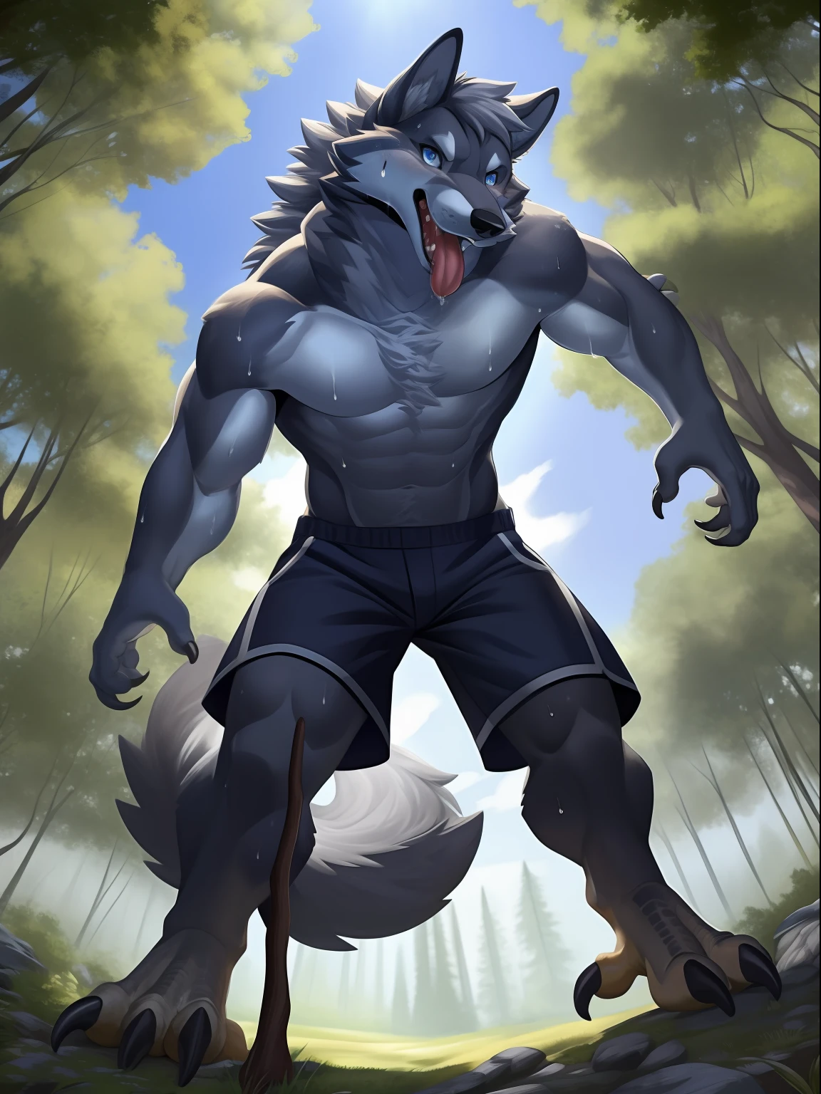 ,eyes with brightness, in a panoramic view, Character focus ，独奏, shaggy, Furry male wolf， Grey fur for men, blue color eyes, Gray hair(The long），Bare body，grey shorts，Stand in the forest，Young style，height of one meter seven，Handsome， has a tail，Bust，drools，Stick out her tongue，bodily fluids，Sweat， three-quarter portrait, wide angles, dynamic angle，sharp talons