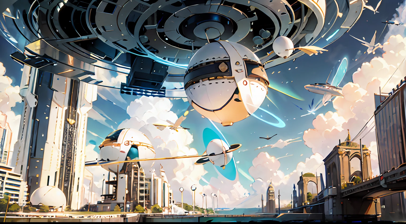 Flying saucers flying in the sky，Shabby white casing