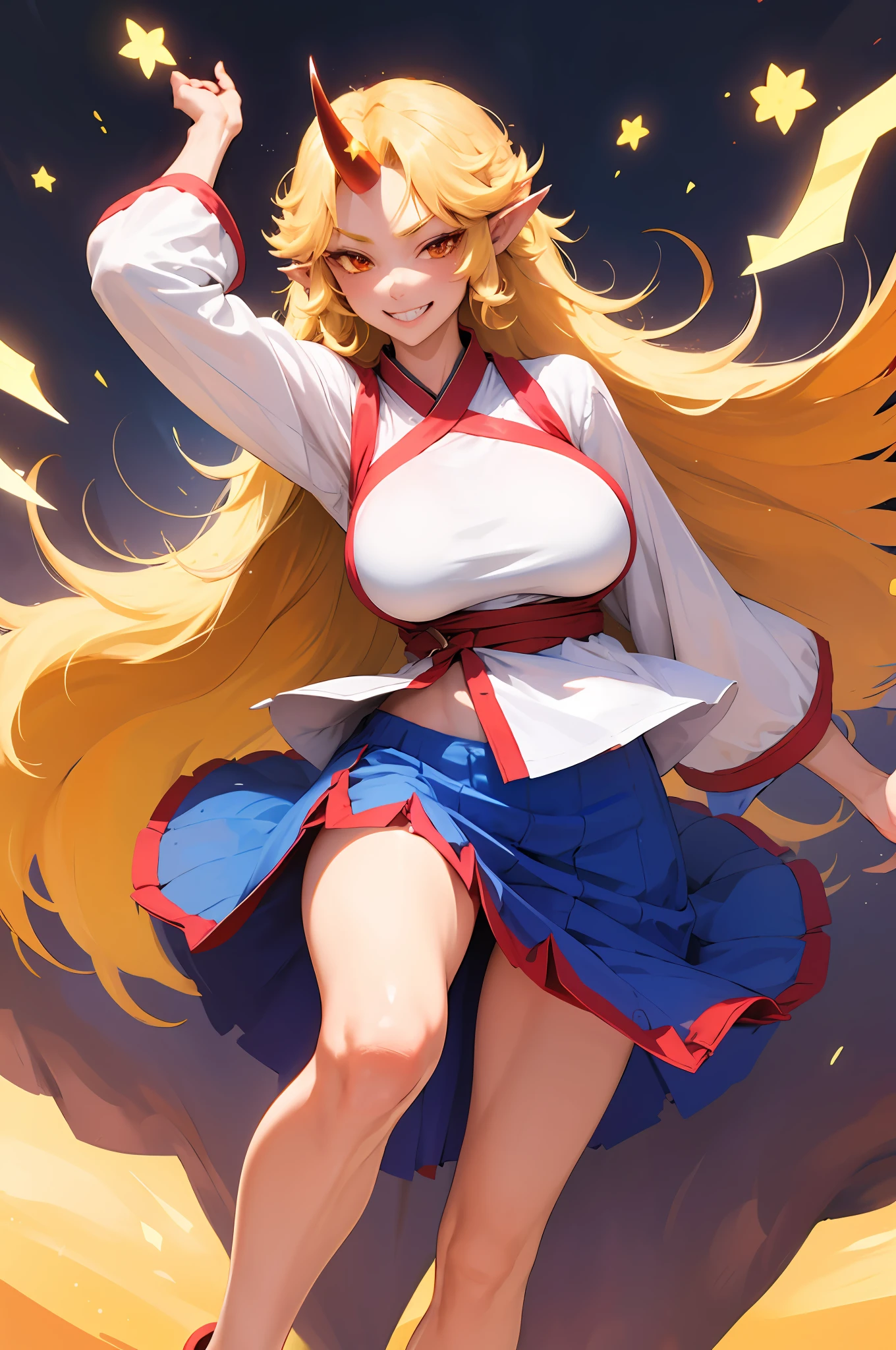 hoshiguma yuugi,1girl,single horn, pointy ears, blonde hair, long hair,yellow eyes,s ,white shirt,skirt,, muscle girl, huge breast,walking, single horn, long skirt, flip flops, sharpteeth, smile, tomboy,very long skirt, blue and red skirt, traditional germanic dress, red eyes, medieval city,full body