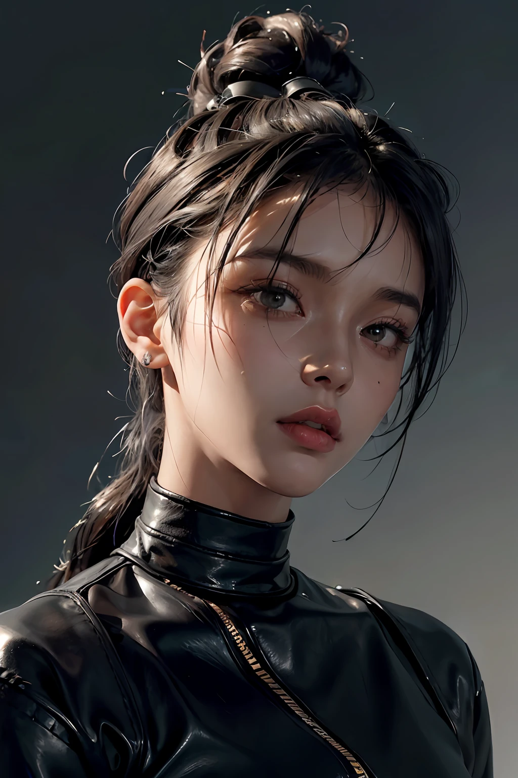 a 30 yo woman,(hi-top fade:1.3),long hair,dark theme, soothing tones, muted colors, high contrast, (natural skin texture, hyperrealism, soft light, sharp),