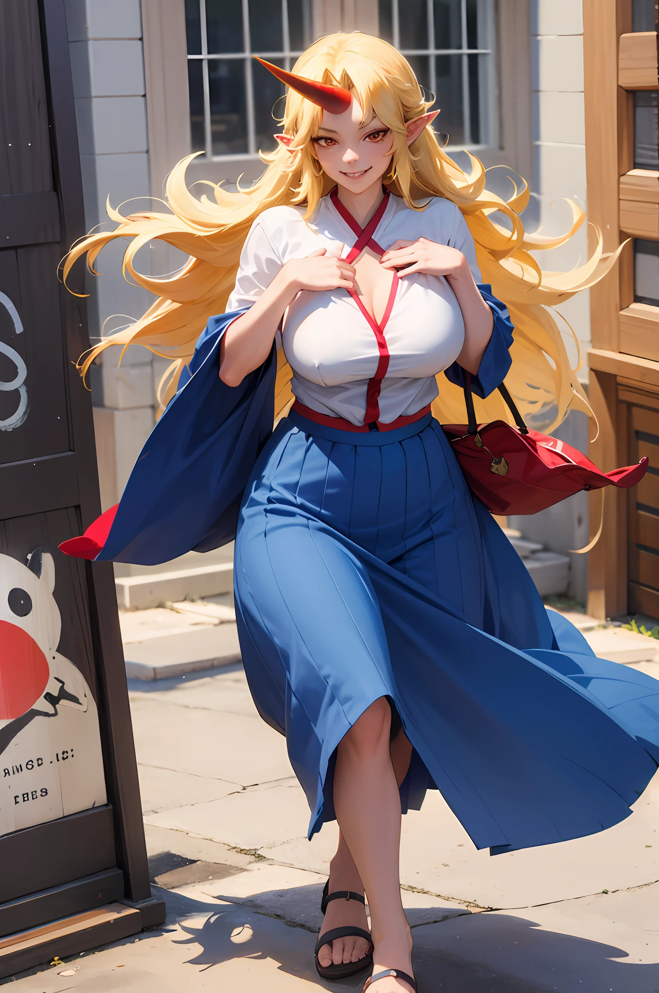 hoshiguma yuugi,1girl,single horn, pointy ears, blonde hair, long hair,yellow eyes,s ,white shirt,skirt,, muscle girl, huge breast,walking, single horn, long skirt, flip flops, sharpteeth, smile, tomboy,very long skirt, blue and red skirt, traditional germanic dress, red eyes, medieval city,full body