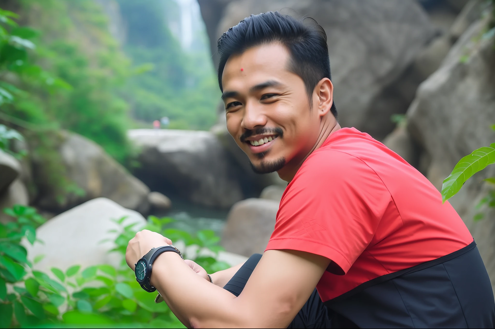 there is a man sitting on a rock with a watch on his wrist, nivanh chanthara, hoang long ly, dzung phung dinh, bao pham, damien tran, phong yintion j - jiang geping, quy ho, darren quach, avatar image, ramil sunga, thawan duchanee