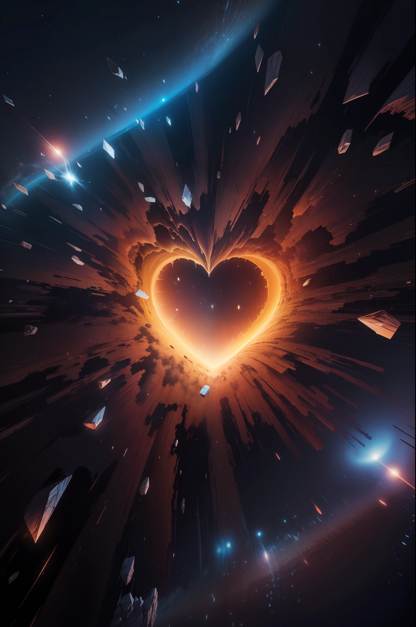 (8K), 最佳质量, (逼真, 逼真:1.2), 独奏,A insane macro moment of a cinematic shot about A unpredictable distortion inside a black hole of the Universe that causes attraction in space realities of a heart shaped, --ar 2:3 --s 750 --v 5.1 --auto --s2
