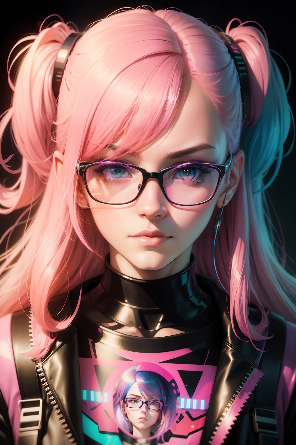 Close up portrait of a person with pink hair and glasses, glitchpunk girl, Vivid Color.digital 2d, Neon Glitch, databending, hyper colorful, [ synthwave art style ]!! ]!!, young glitched woman, anaglyph effect ayami kojima, ufotable art style, persona art style, [ synthwave art style ]!!