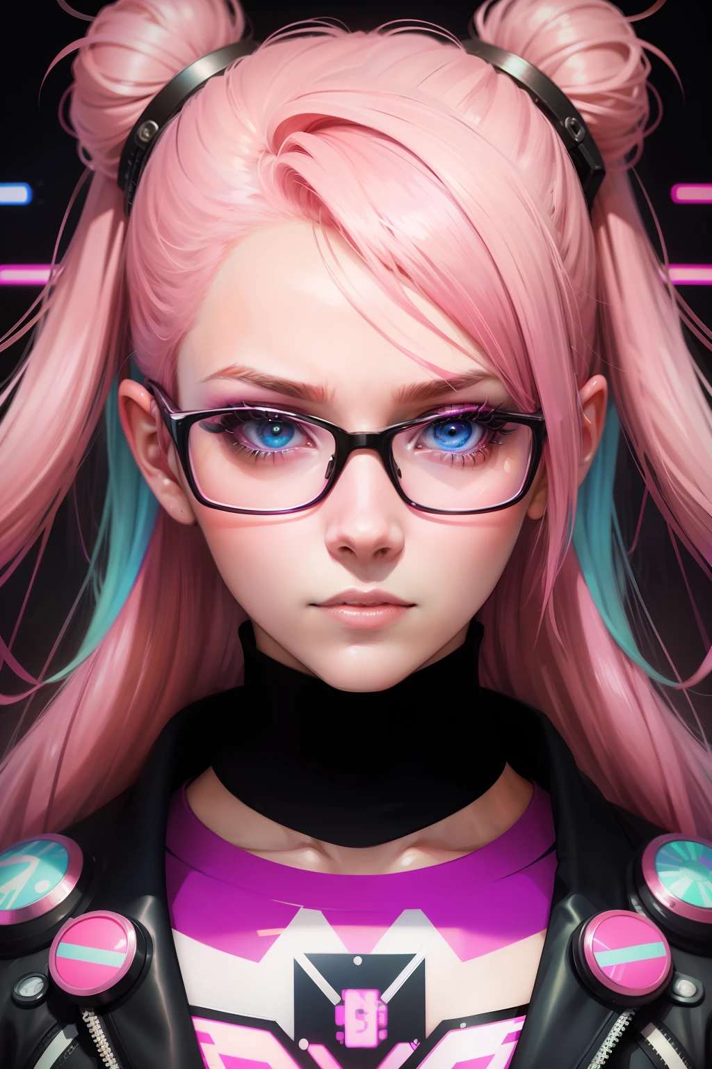 Close up portrait of a person with pink hair and glasses, glitchpunk girl, Vivid Color.digital 2d, Neon Glitch, databending, hyper colorful, [ synthwave art style ]!! ]!!, young glitched woman, anaglyph effect ayami kojima, ufotable art style, persona art style, [ synthwave art style ]!!