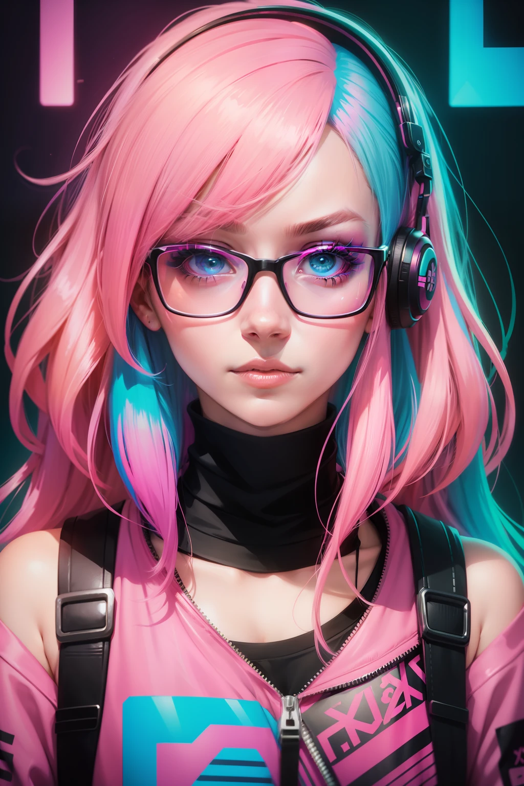 Close up portrait of a person with pink hair and glasses, glitchpunk girl, Vivid Color.digital 2d, Neon Glitch, databending, hyper colorful, [ synthwave art style ]!! ]!!, young glitched woman, anaglyph effect ayami kojima, ufotable art style, persona art style, [ synthwave art style ]!!