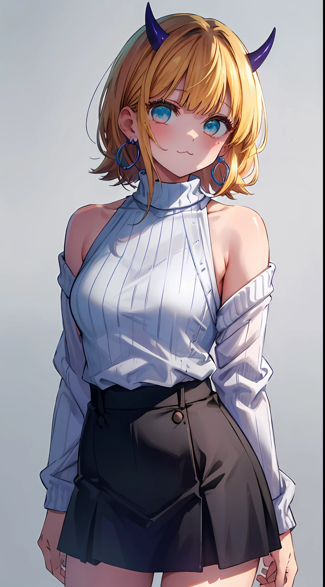 masterpiece, hightquality, Hi-Res, MEMcho, (without background,White background), cowboy shot,Slender body lines, Black skirt, The shirt, off shoulders, off-the-shoulder sweater, (Light blue sweater:1.2), (small horn), (:3:1.2), sleeveless shirts, High Neck Sleeveless Shirt, Black shirt, Sweaters, Sweater sleeve wrist too much, hoop earings,is standing,Cowboy Shot,