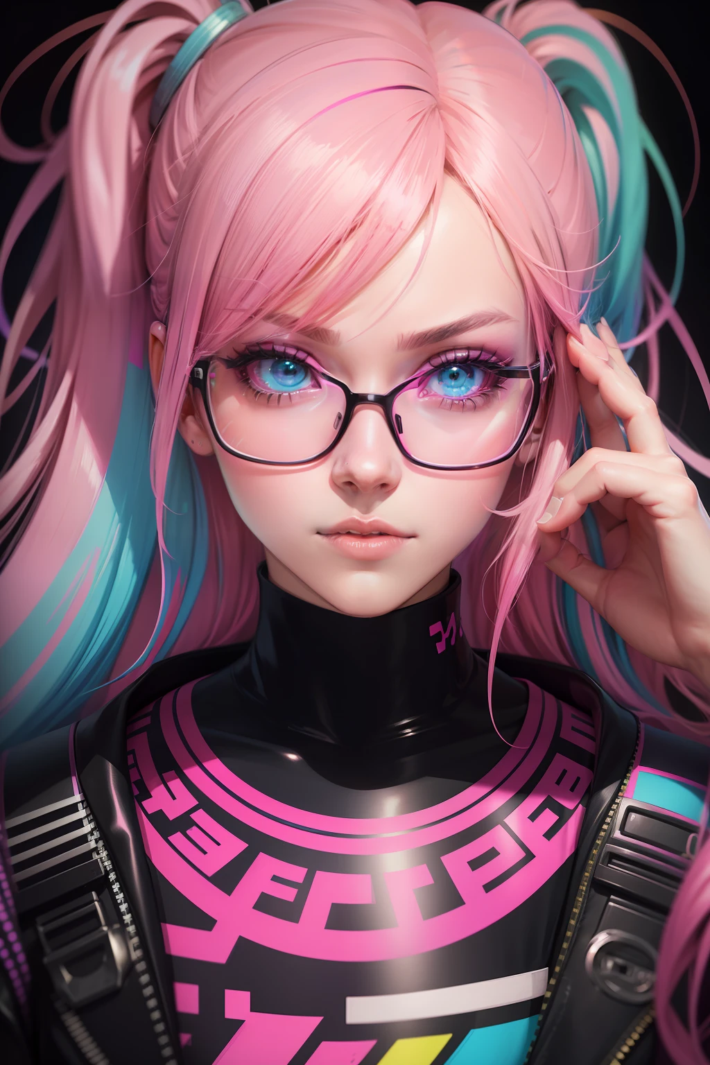 Close up portrait of a person with pink hair and glasses, glitchpunk girl, Vivid Color.digital 2d, Neon Glitch, databending, hyper colorful, [ synthwave art style ]!! ]!!, young glitched woman, anaglyph effect ayami kojima, ufotable art style, persona art style, [ synthwave art style ]!!