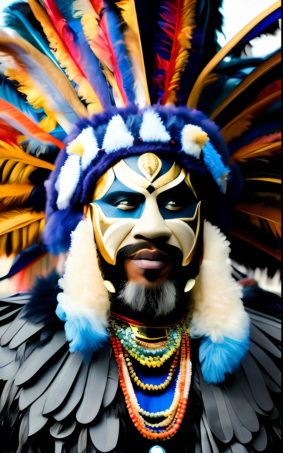 Thor with big eyes "I AM THE BIG CHIEF" while wearing an elaborate diverse colorful feathered costume, analog photo, muted saturation, celebration, carnival, picture taken with Sony - Cinema Line FX30 Super 35 Camera, CHV3CBigChief, black and blue color scheme, fixed in post, color corrected, Professional, masterpiece, commissioned, best quality, Color Corrected, fixed in post