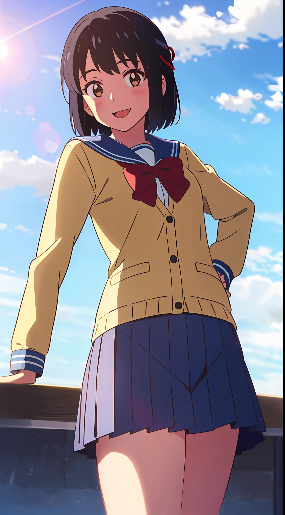 shinkai makoto, kimi no na wa., 1girl, bangs, black hair, blue sky, blush, brown eyes, cloudy_sky, sailor collar, blue sailor collar, sailor color, white sailor color, serafuku, looking at the viewer, bow, red bow, headband, red headband, ribbon, red ribbon, school uniform, short hair, smile, cute, solo, shirt, blue skirt, Pleated Skirt, cardigans, yellow cardigan, long sleeves, smile, happy, open mouth, lens_flare, afternoon hangout