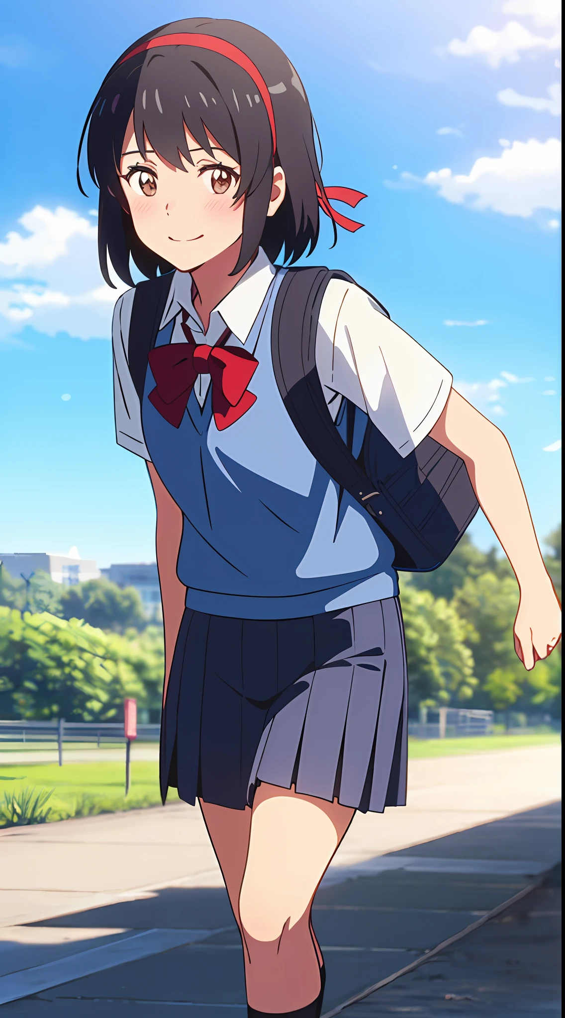 shinkai makoto, kimi no na wa., 1girl, bangs, black hair, blush, brown eyes, sky, cloud, collared shirt, looking at the viewer, outdoors, headband, red headband, ribbon, red ribbon, bow, red bow, school uniform, short hair, smile, solo, shirt, white shirt, sweater vest, blue sweater vest, vest, blue vest, skirt, blue skirt, short sleeves, school backpack