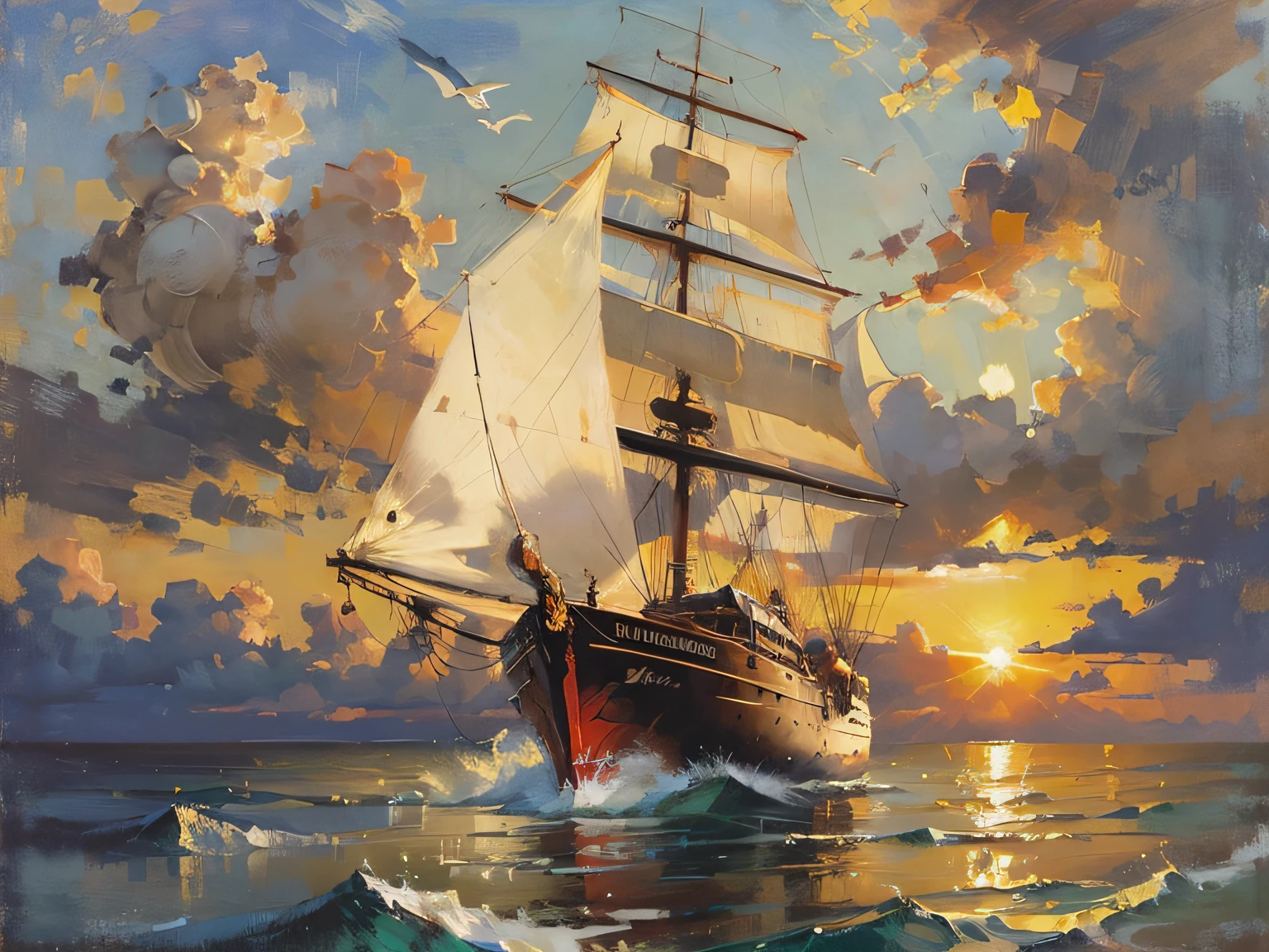 painting of a sailboat in the ocean at sunset, by Roman Bezpalkiv, ship at sea, by Franz Hegi, by Harrington Mann, steve henderson, on the sea, sailing ship, style of john berkey, by Konstantin Savitsky, by Vladimir Borovikovsky, dmitry spiros, by Brian Thomas, by Nikolai Yaroshenko