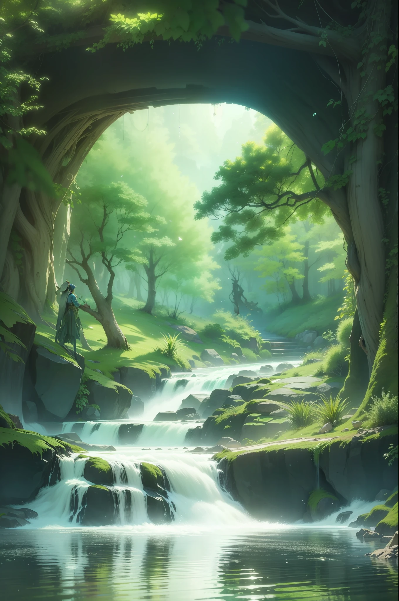 Masterpiece, best quality, (very detailed CG unified 8k wallpaper), (best quality), (best illustration), (best shadow), glowing elf with a glowing deer, drinking water in the pool, natural elements in forest theme. Mysterious forest, beautiful forest, nature, surrounded by flowers, delicate leaves and branches surrounded by fireflies (natural elements), (jungle theme), (leaves), (branches), (fireflies), (particle effects) and other 3D, Octane rendering, ray tracing, super detailed, alpine flowing water Xiaoqiao artistic conception beauty, there is a kind of sea and a hundred rivers with tolerance and great artistic conception, and landscape painting of Jiangnan water town. --auto --s2
