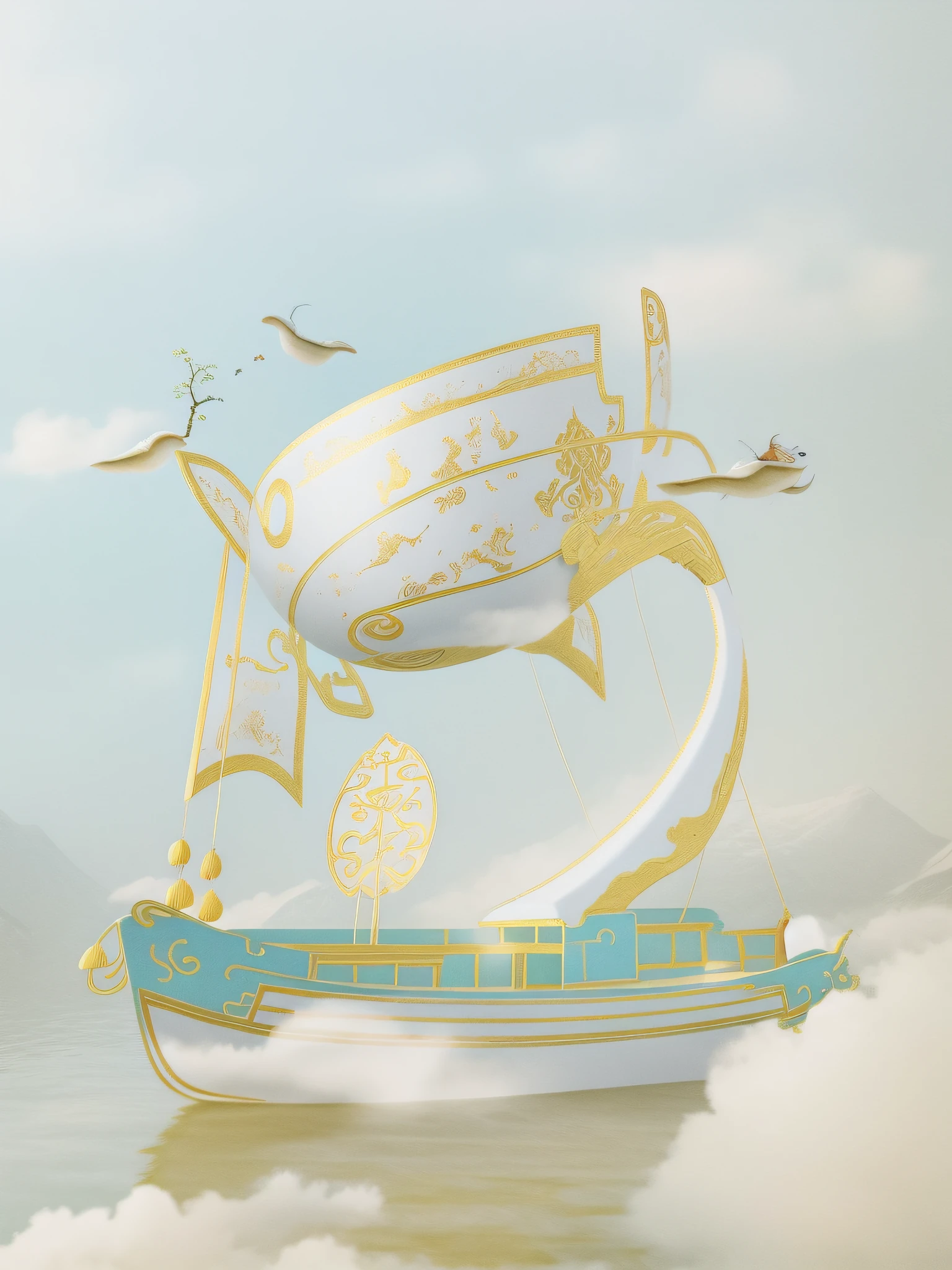 High quality and textured Chinese calligraphy floats,fairy tale style background, lie on white clouds fairyland, fantasy. gondola boat, A beautiful artwork illustration, dreamlike illustration, blurry and dreamy illustration, in the white clouds fairyland, Beautiful rendering of the Tang Dynasty, Chinese fantasy, palace floating in heaven, rendered illustration,Chinese calligraphy floats in China,There is a textured picture