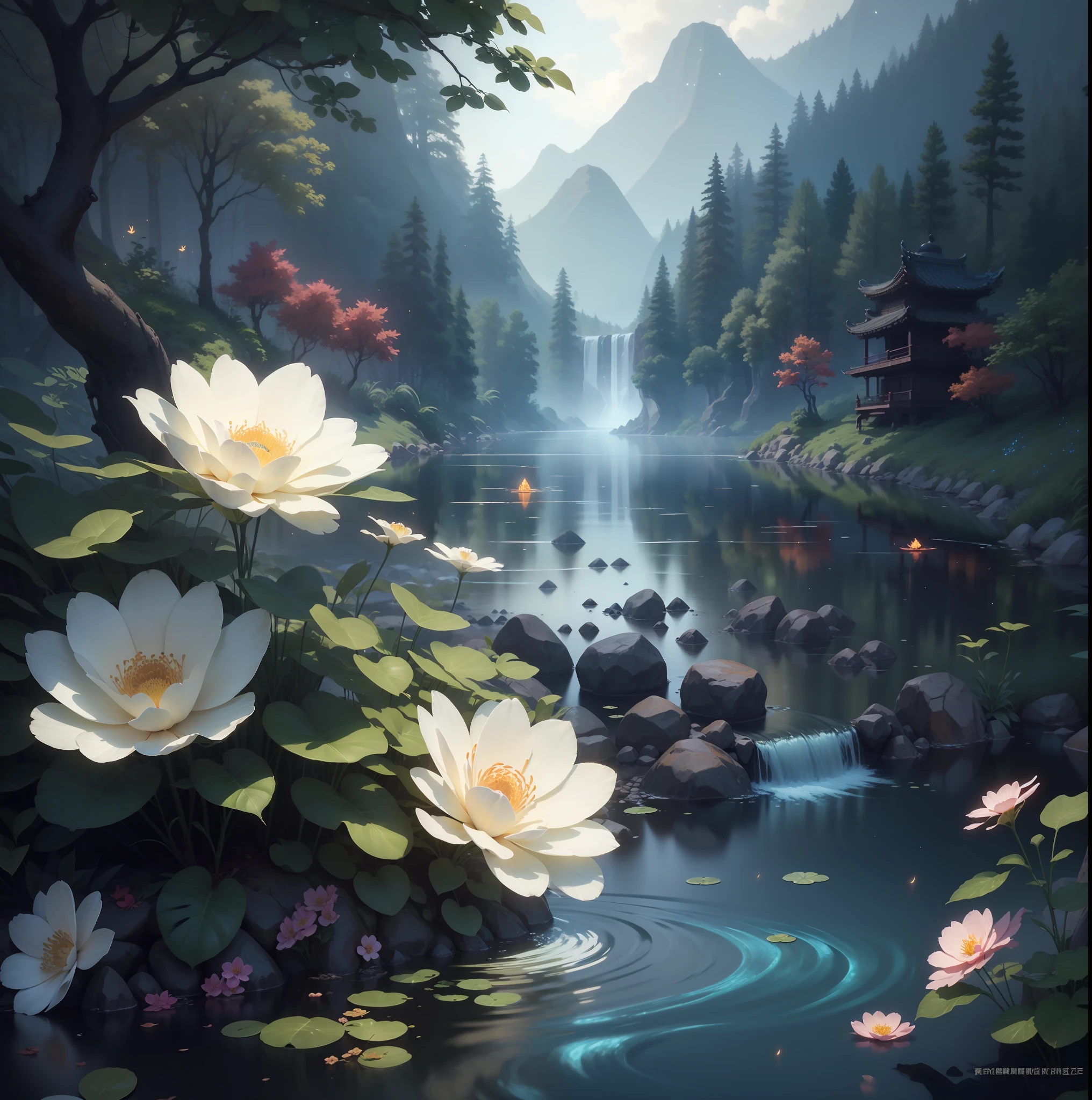 Masterpiece, best quality, (very detailed CG unified 8k wallpaper), (best quality), (best illustration), (best shadow), glowing elf with a glowing deer, drinking water in the pool, natural elements in forest theme. Mysterious forest, beautiful forest, nature, surrounded by flowers, delicate leaves and branches surrounded by fireflies (natural elements), (jungle theme), (leaves), (branches), (fireflies), (particle effects) and other 3D, Octane rendering, ray tracing, super detailed, alpine flowing water Xiaoqiao artistic conception beauty, there is a kind of sea and a hundred rivers with tolerance and great artistic conception, and landscape painting of Jiangnan water town. --auto --s2