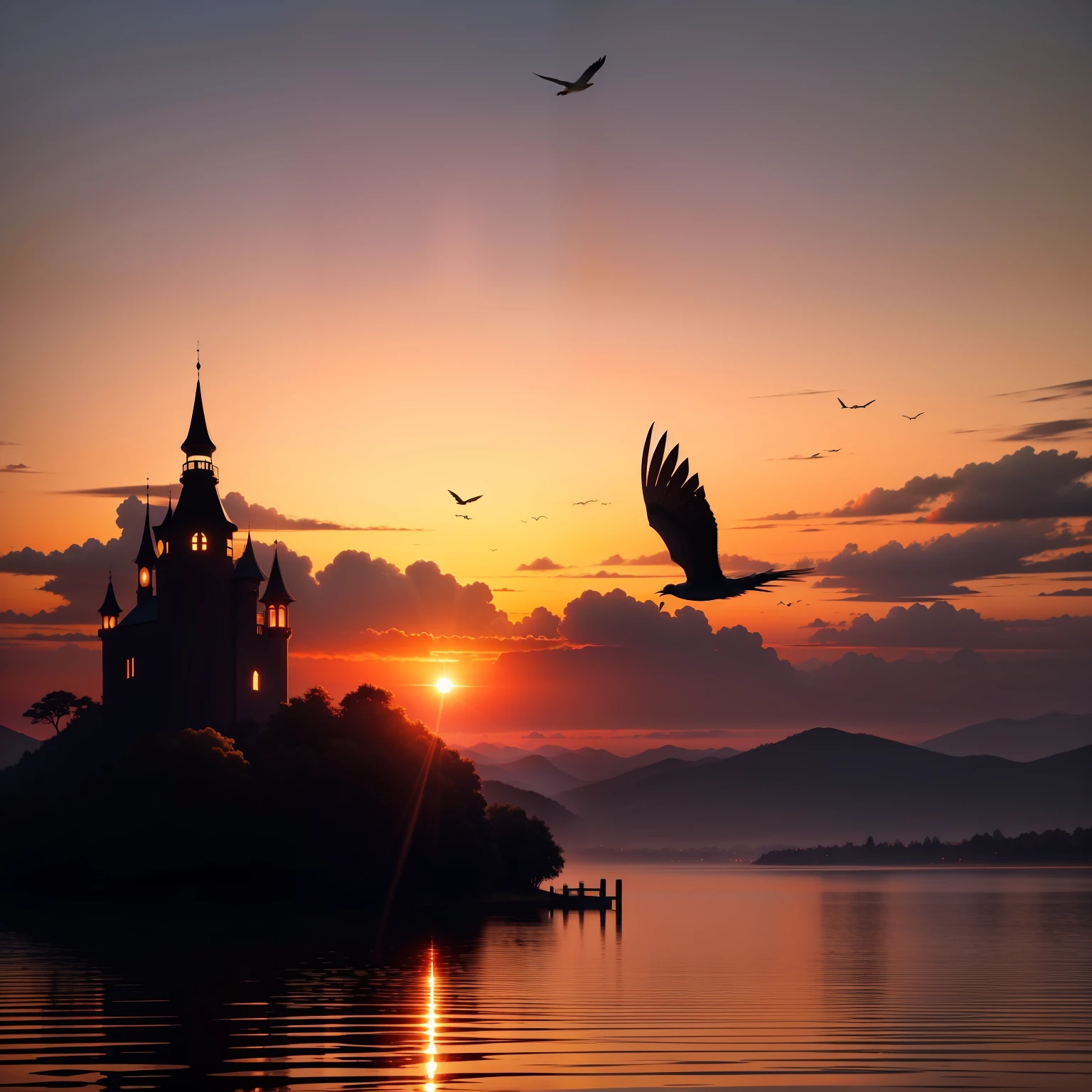 Enchanted castle in the clouds,A high resolution,tmasterpiece,Arafeld birds flying over the water at sunset, flying through sunset, bird flying out of water,,In the sunset, very beautiful photograph of, beautiful sunset, late sunset, Beautiful nature, Beautiful photo, amazing shot, award-winning shot, award winning shot, Beautiful sunset, flying around the bird, silhouette over sunset。