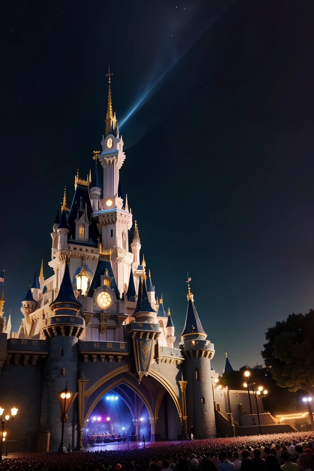 Disneyland Outdoor Stage at Night、It's beautifully lit、There is no spectator。