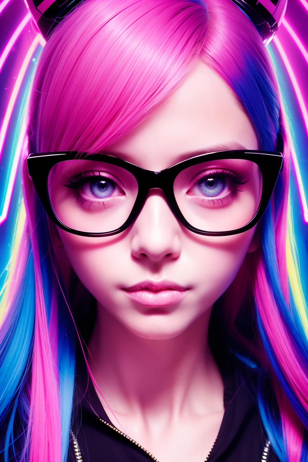 Close up portrait of a person with pink hair and glasses, glitchpunk girl, Vivid Color.digital 2d, Neon Glitch, databending, hyper colorful, [ synthwave art style ]!! ]!!, young glitched woman, anaglyph effect ayami kojima, ufotable art style, persona art style, [ synthwave art style ]!!