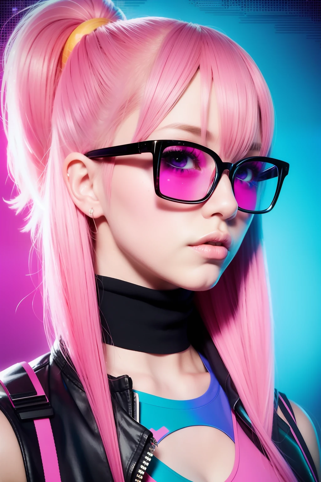 Close up portrait of a person with pink hair and glasses, glitchpunk girl, Vivid Color.digital 2d, Neon Glitch, databending, hyper colorful, [ synthwave art style ]!! ]!!, young glitched woman, anaglyph effect ayami kojima, ufotable art style, persona art style, [ synthwave art style ]!!