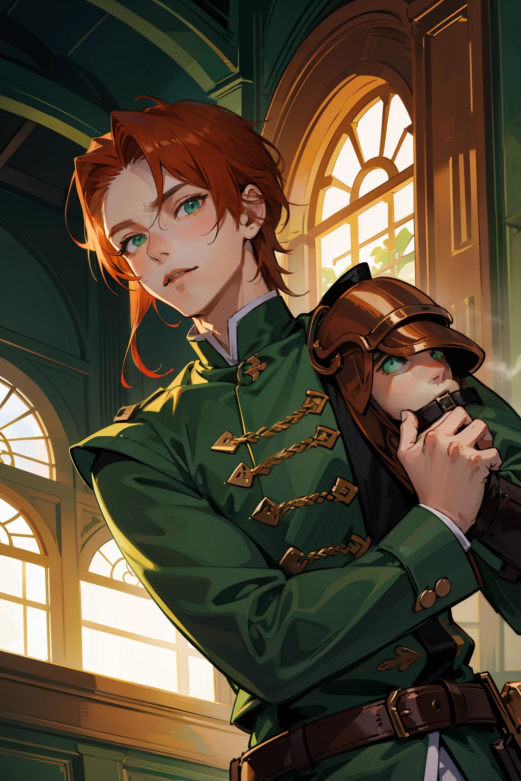 Guy, shoulder-length copper hair, green colored eyes, lean, ah high