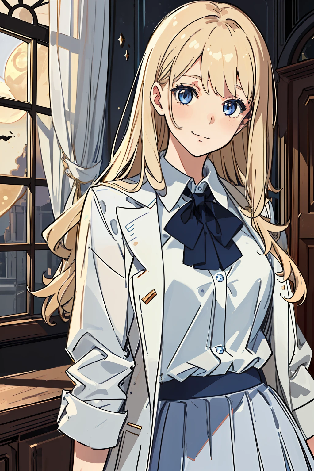A girl of fragile physique, Regular. The girl has long blonde hair and blue eyes. beatiful face, cuteface. calm face, canny smile. Detail Eyes. The girl is dressed in a white office shirt, long pleated skirt and light brown cardigan. A girl stands in a dark wooden office with dim lighting from the moon, which shines through the window. moonlight lighting. Detailed background, detailed clothes. handsome body. hairlong, The bangs are combed to the side. medium chest size. Beautiful detailed eyes.