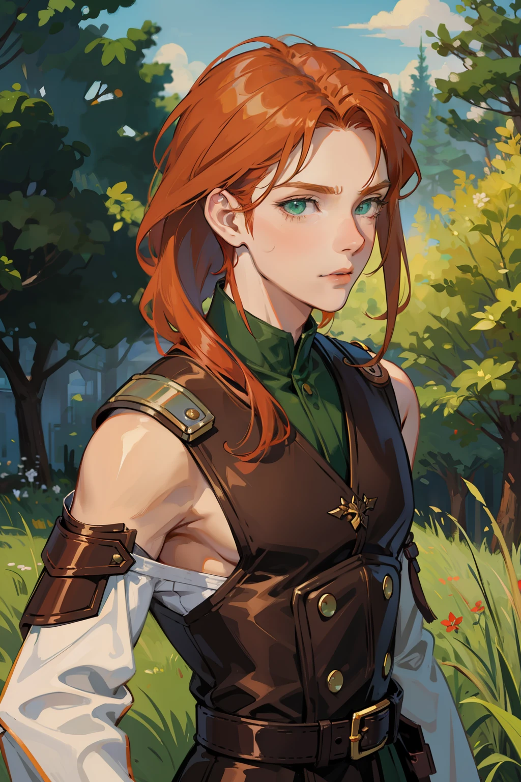 Guy, shoulder-length copper hair, green colored eyes, lean, ah high
