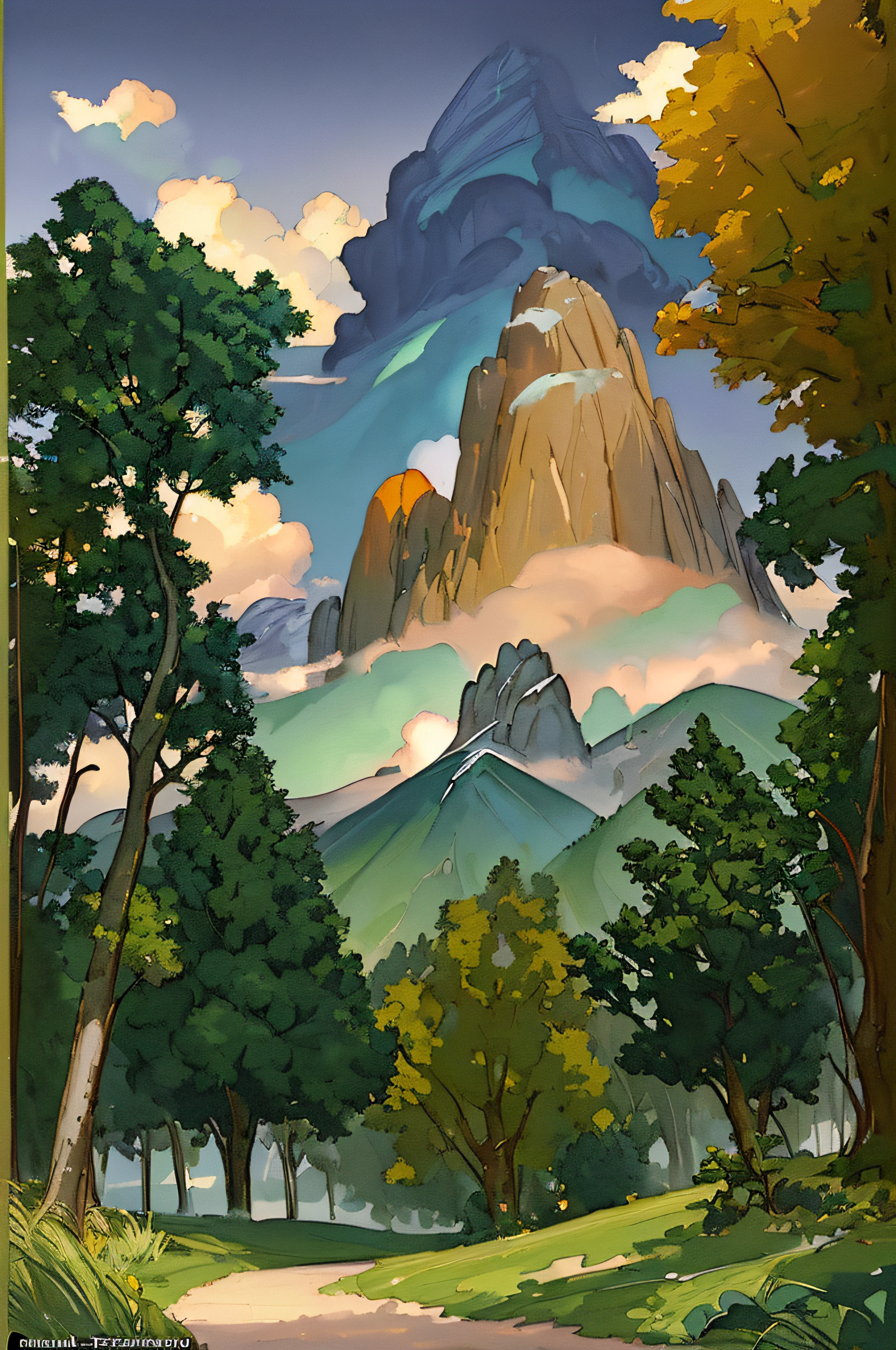 painting by sargent and rhads and leyendecker and greg hildebrandt evening sky, low thunder clouds foothpath with trees at indian summer with zugspitze fitz roy in background, colours green, dark green, green, light blue, light green, blue black and white, acuarela