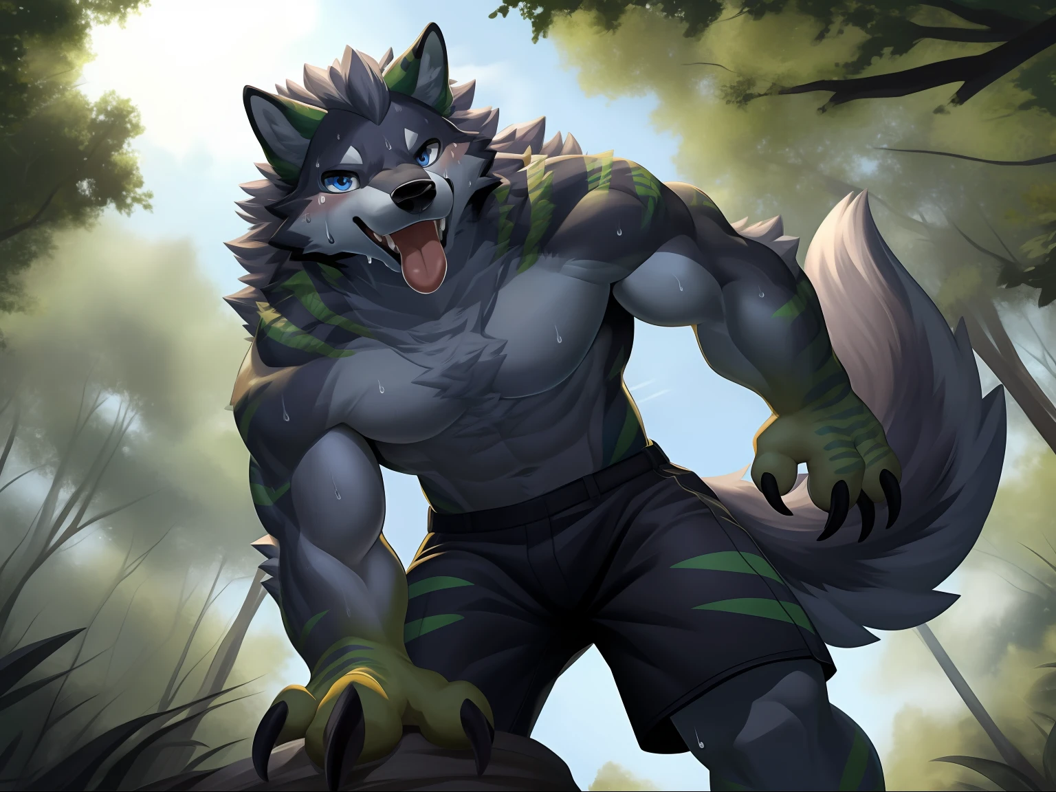 ,eyes with brightness, in a panoramic view, Character focus ，独奏, shaggy, Furry male wolf， Grey fur for men, blue color eyes, Gray hair(The long），Bare body，grey shorts（Green stripes），Stand in the forest，Young style，height of one meter seven，Handsome， has a tail，Bust，drools，Stick out her tongue，bodily fluids，Sweat，sportrait, wide angles, dynamic angle，Sharp claws